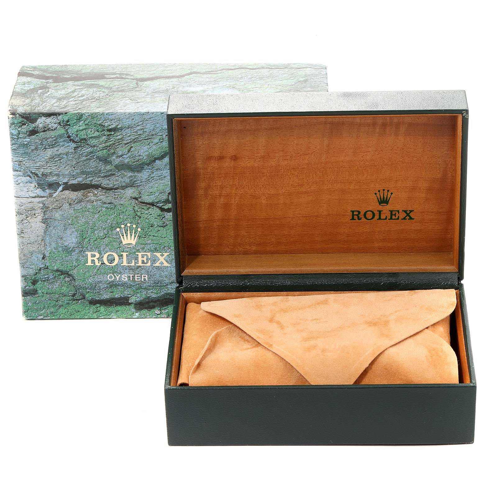 The image shows a Rolex Datejust 16233 Men
s Steel and Gold (two tone) Champagne Dial 16233 Men
s Steel and Gold (two tone) Champagne Dial
s box, partially open with a suede pouch inside, and an outer Rolex-branded box behind it.