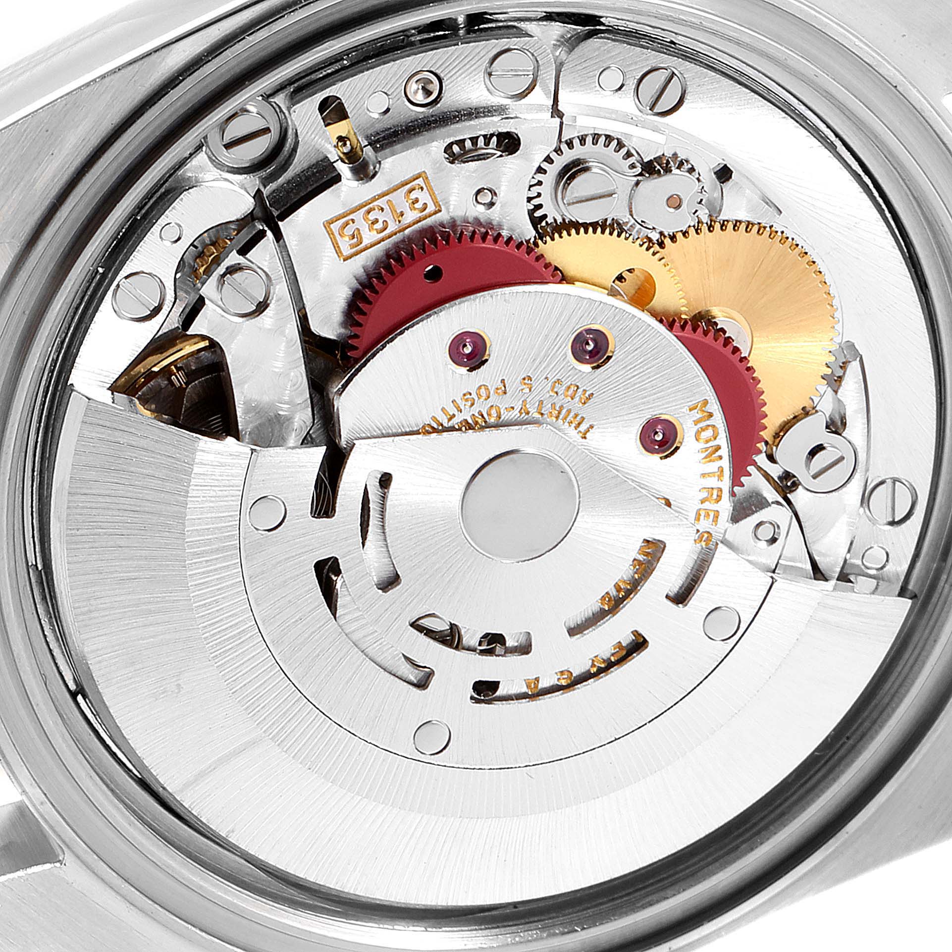 This image shows a close-up view of the internal mechanism of the Rolex Datejust 16233 Men
s Steel and Gold (two tone) Champagne Dial 16233 Men
s Steel and Gold (two tone) Champagne Dial watch.