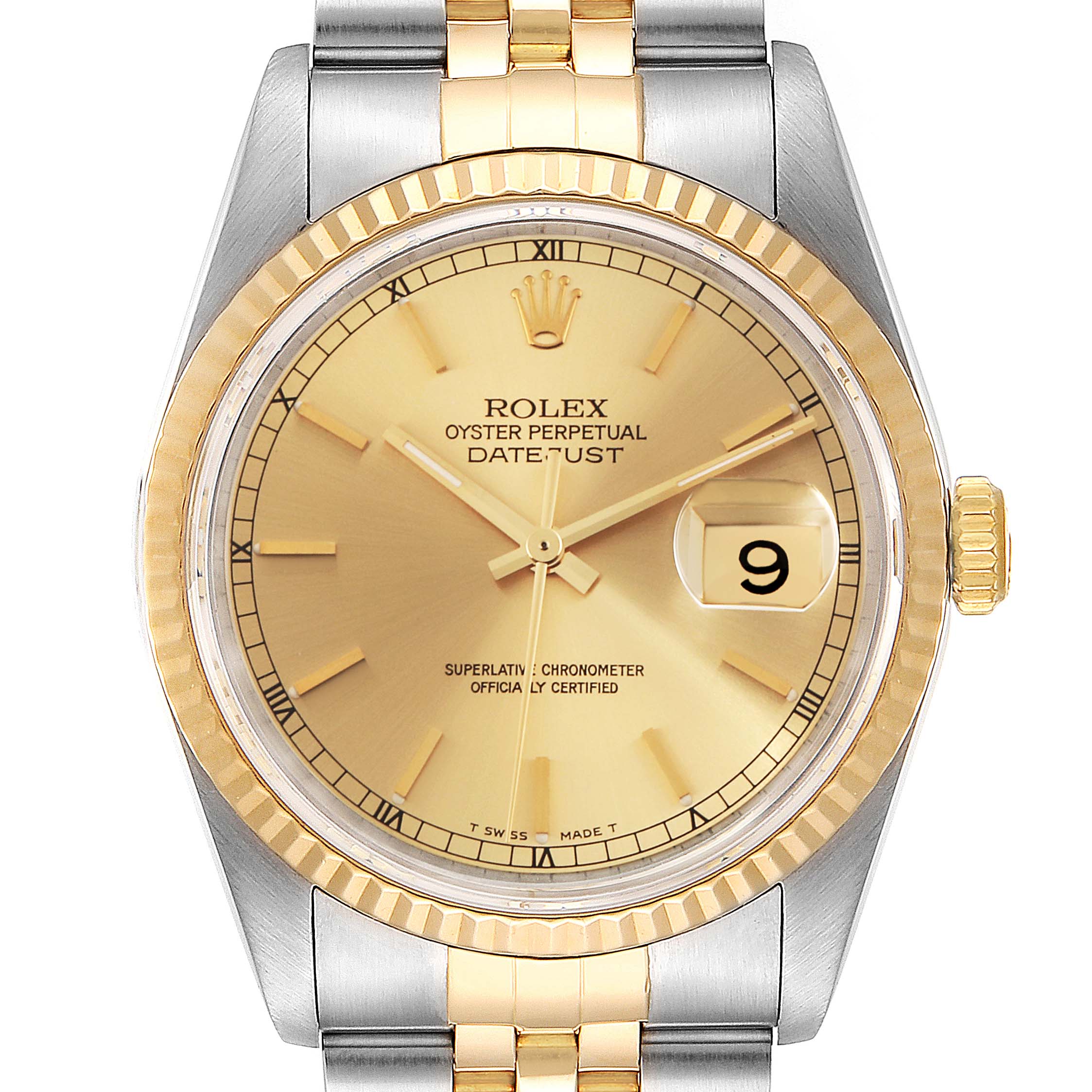 This image shows a close-up front view of the Rolex Datejust 16233 Men
s Steel and Gold (two tone) Champagne Dial 16233 Men
s Steel and Gold (two tone) Champagne Dial watch, highlighting the dial, bezel, and bracelet.