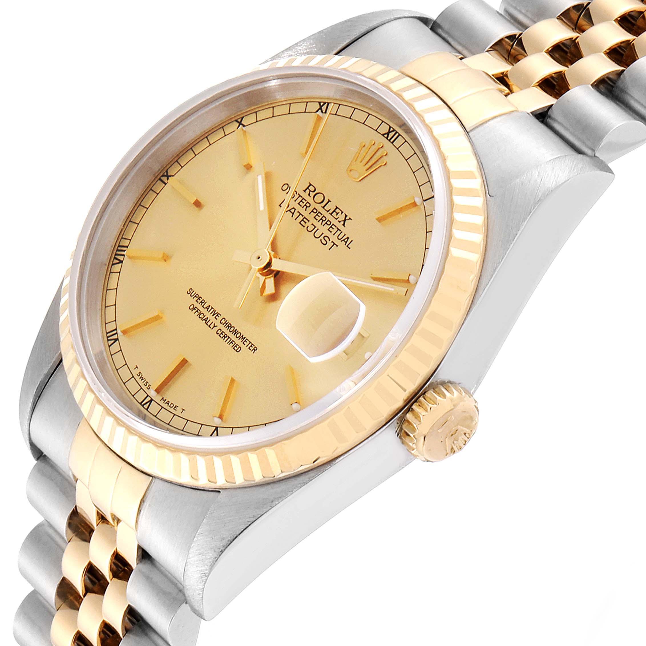 The Rolex Datejust 16233 Men
s Steel and Gold (two tone) Champagne Dial 16233 Men
s Steel and Gold (two tone) Champagne Dial watch is shown from a three-quarter angle, highlighting the dial, bezel, crown, and bracelet.