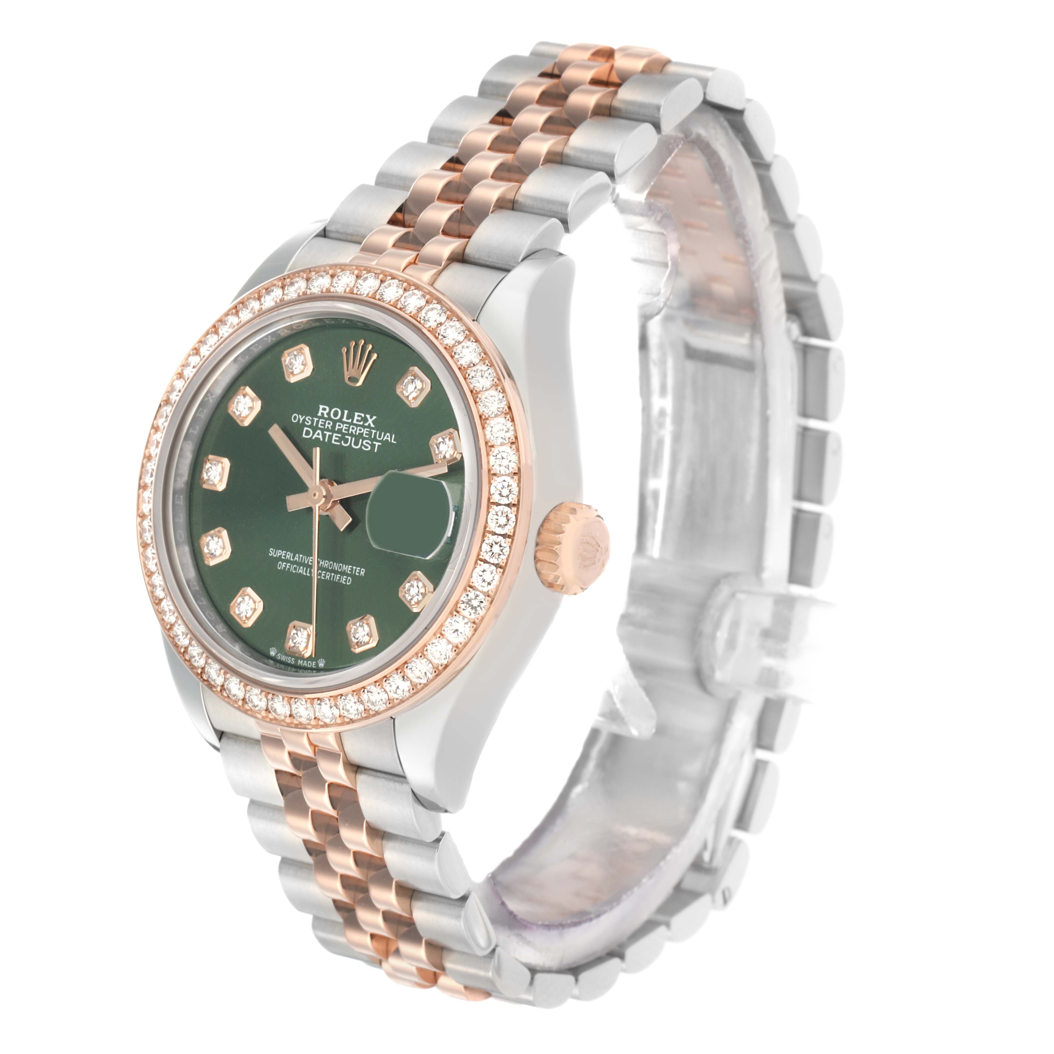 The Rolex Datejust 279381 Women's Steel and Gold (two tone) Green Dial watch is shown at a slight angle, highlighting the face, bezel, crown, and bracelet.