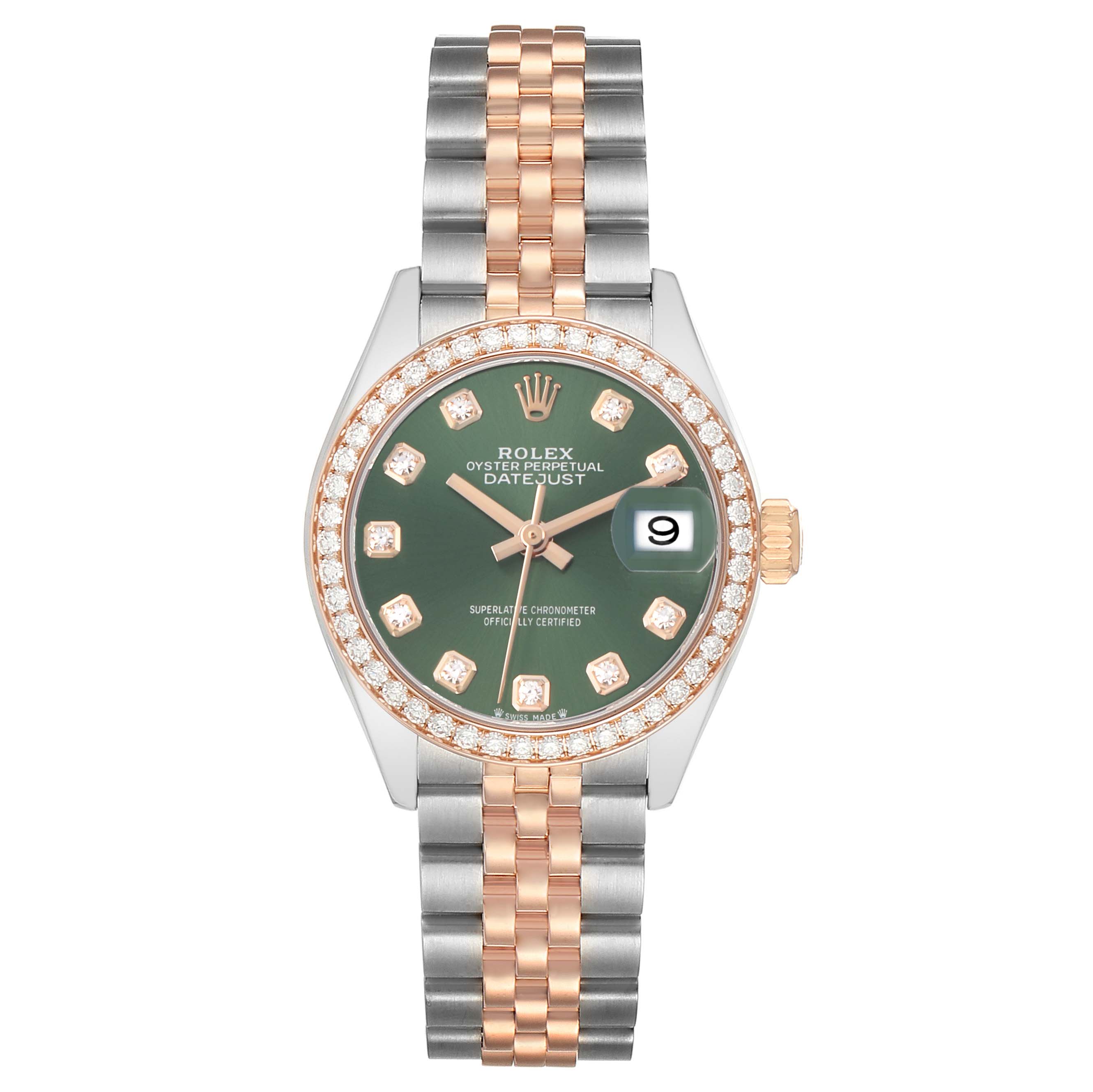 The Rolex Datejust 279381 Women's Steel and Gold (two tone) Green Dial watch is shown front-facing, displaying its green dial, date window, diamond hour markers, and two-tone bracelet.