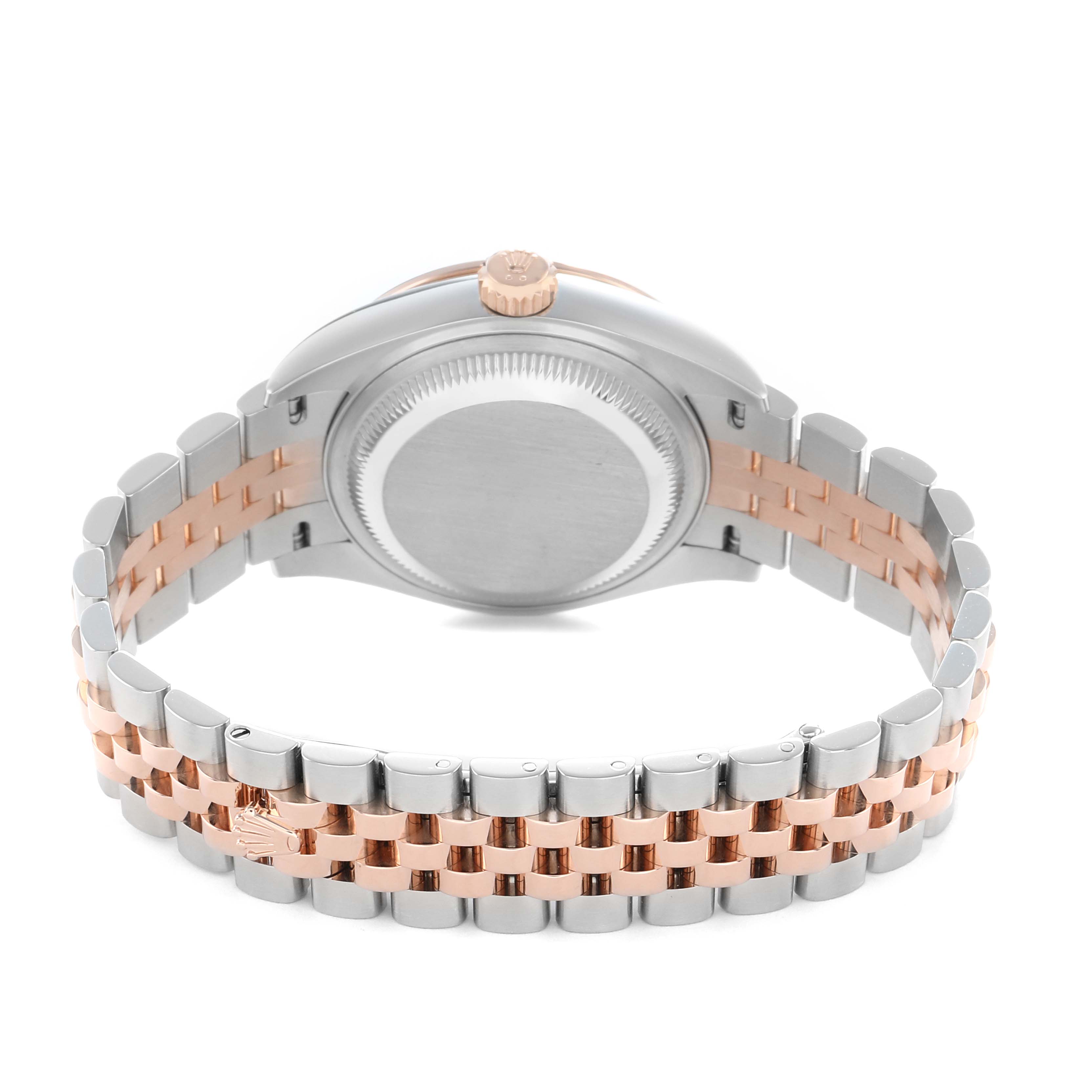 The image shows the back of the Rolex Datejust 279381 Women's Steel and Gold (two tone) Green Dial watch, including the case back and bracelet.