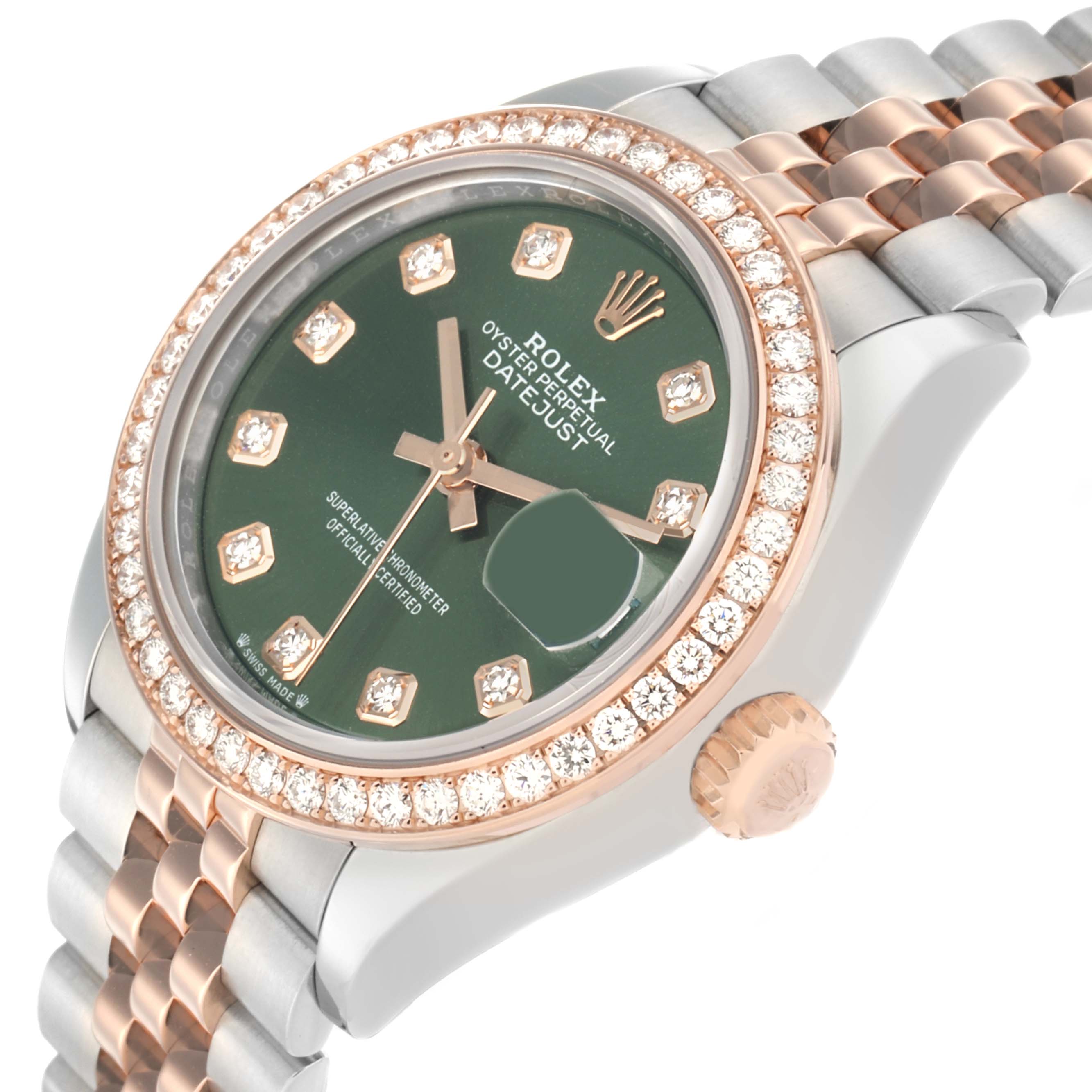 The Rolex Datejust 279381 Women's Steel and Gold (two tone) Green Dial watch is shown at a slight angle, highlighting the green dial, diamond bezel, crown, and two-tone bracelet.
