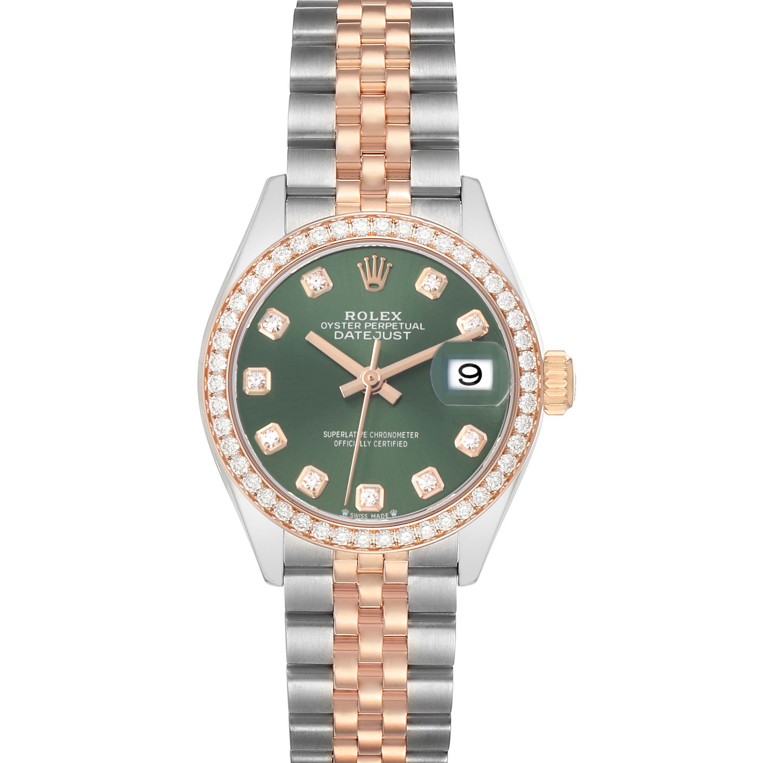 The Rolex Datejust 279381 Women's Steel and Gold (two tone) Green Dial watch is shown from a top-down angle, highlighting its green dial, diamond indices, and two-tone bracelet.