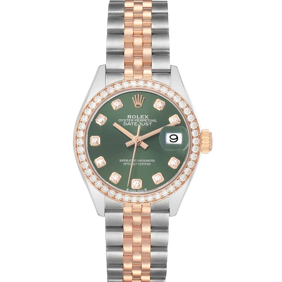 The Rolex Datejust 279381 Women's Steel and Gold (two tone) Green Dial watch is shown from a top-down angle, highlighting its green dial, diamond indices, and two-tone bracelet.