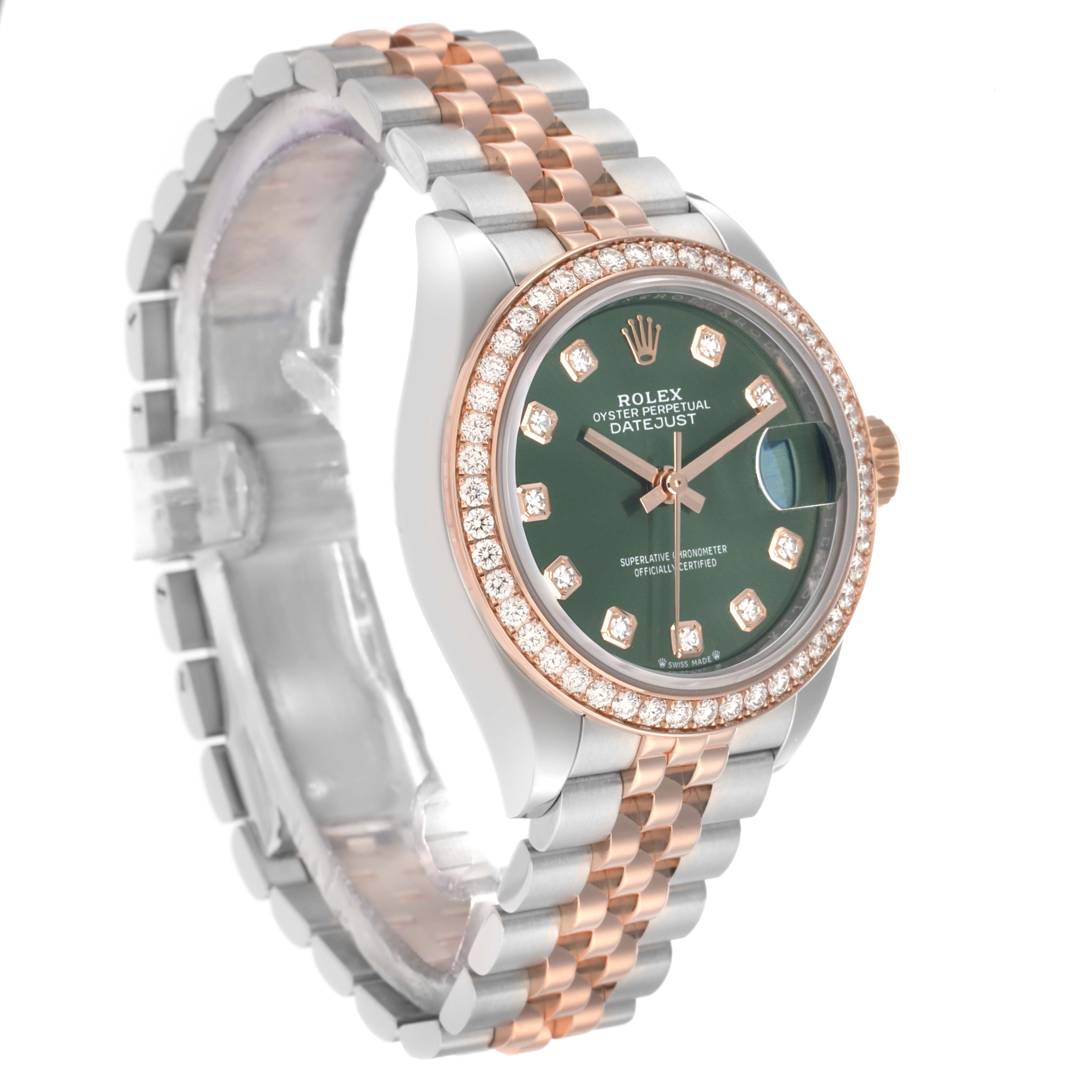 The Rolex Datejust 279381 Women's Steel and Gold (two tone) Green Dial watch is shown at a three-quarter angle, displaying its face, bezel, and bracelet.