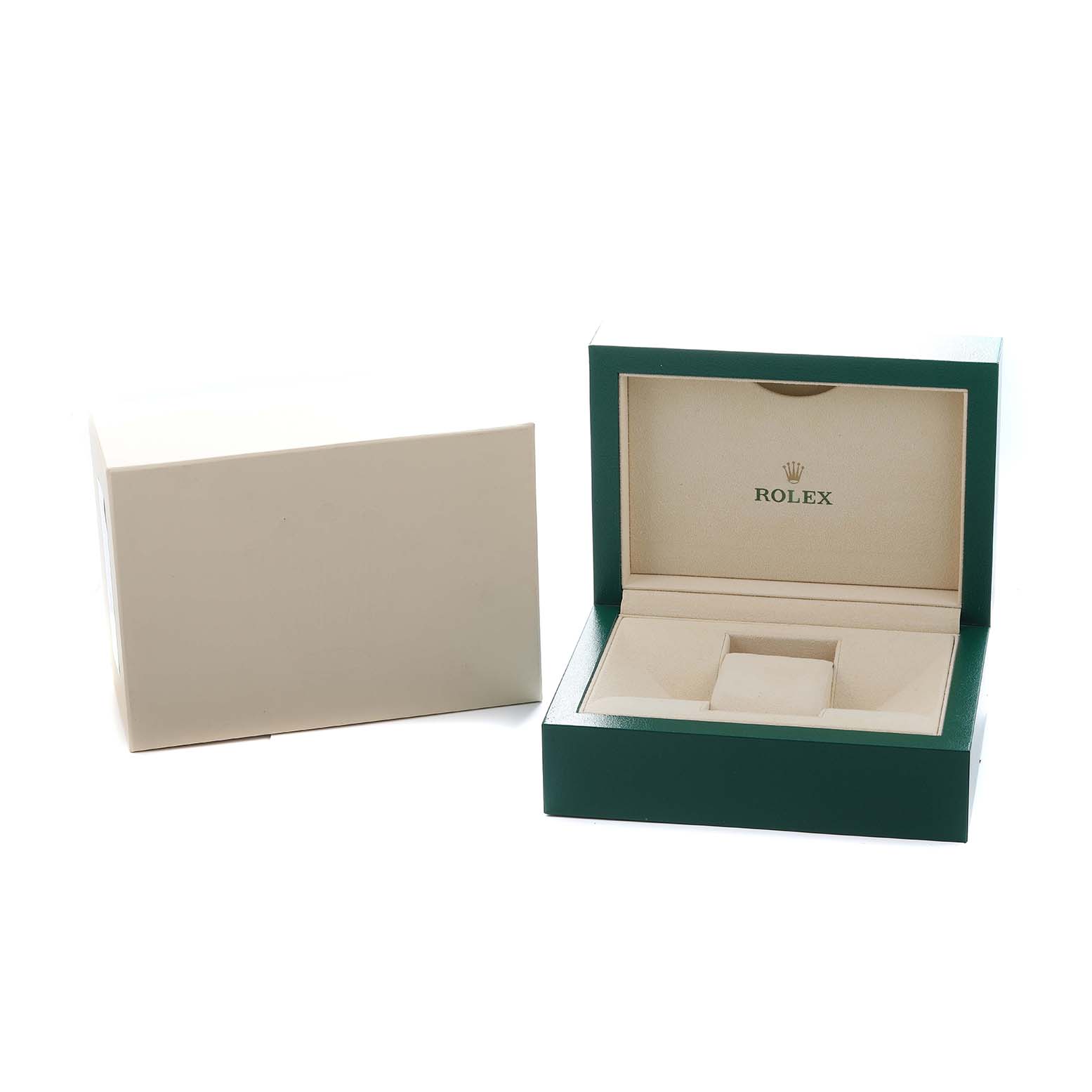 The image shows an open Rolex Datejust 279381 Women's Steel and Gold (two tone) Green Dial green box alongside its beige outer sleeve, viewed from the front.