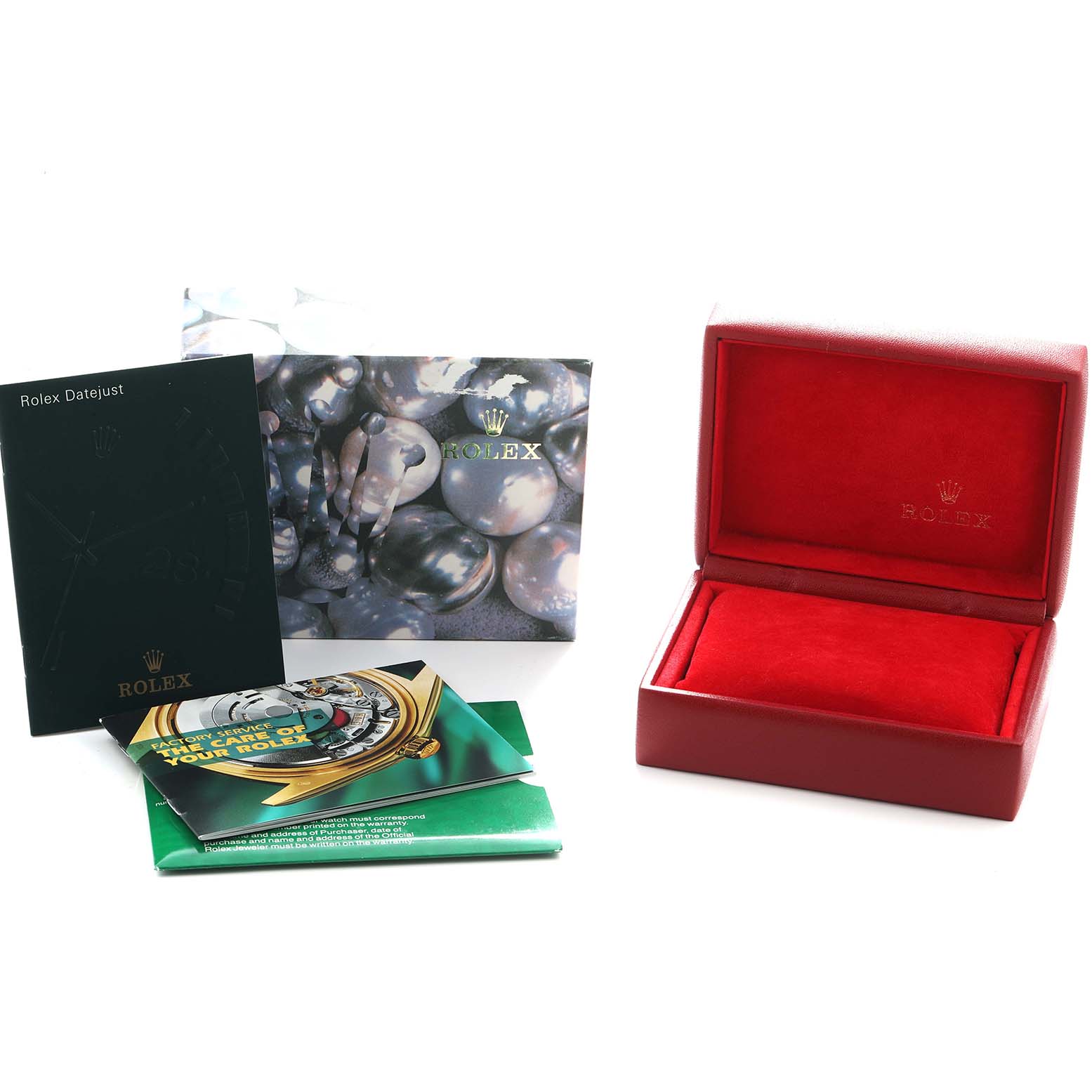 The image shows a Rolex Datejust 79174 Women's Stainless Steel Silver Dial watch box with manuals and booklets from a frontal angle.