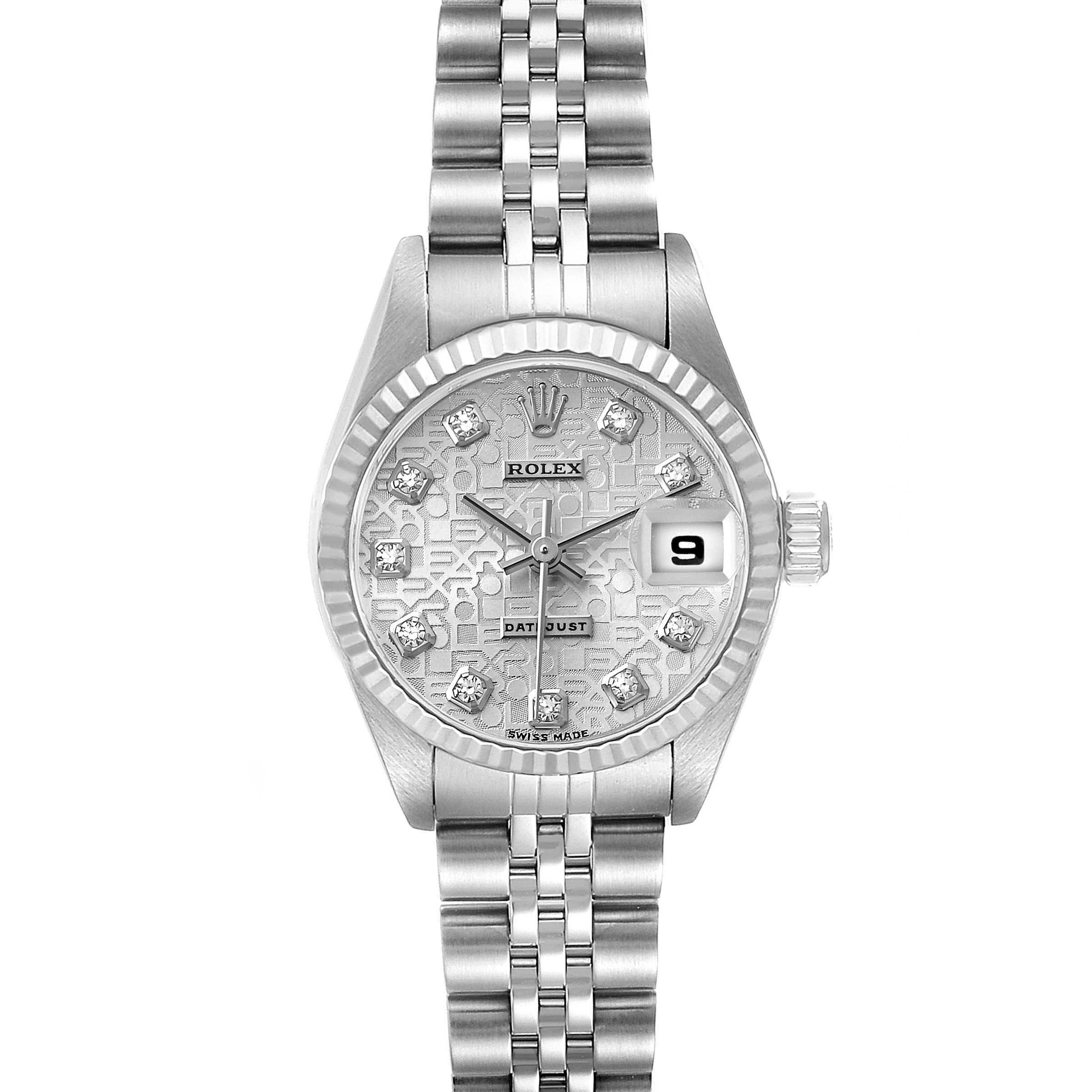The Rolex Datejust 79174 Women's Stainless Steel Silver Dial watch is shown from the front, displaying the dial, bezel, crown, and Jubilee bracelet.
