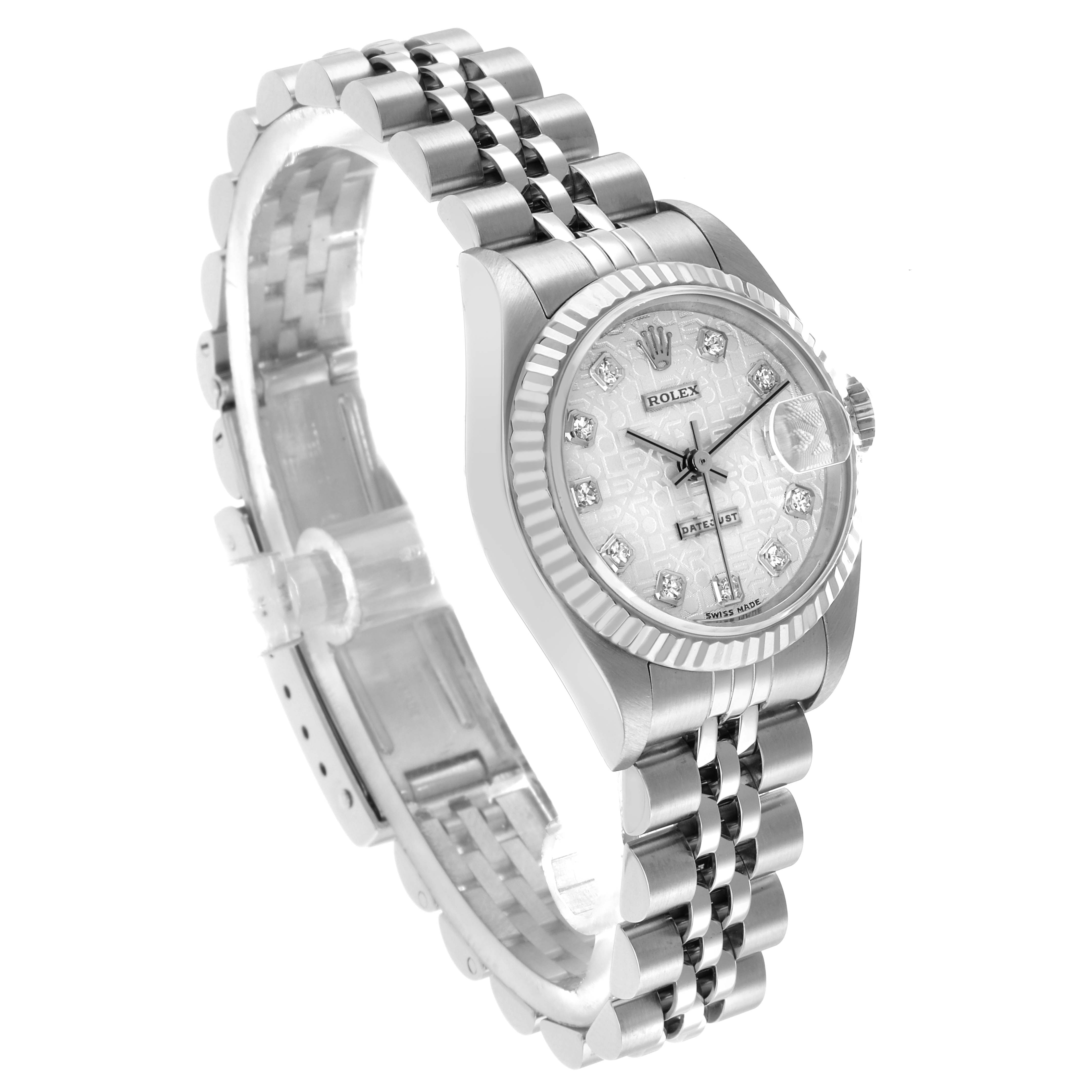 The Rolex Datejust 79174 Women's Stainless Steel Silver Dial is shown at a three-quarter angle, displaying the face, bezel, bracelet, and side profile.