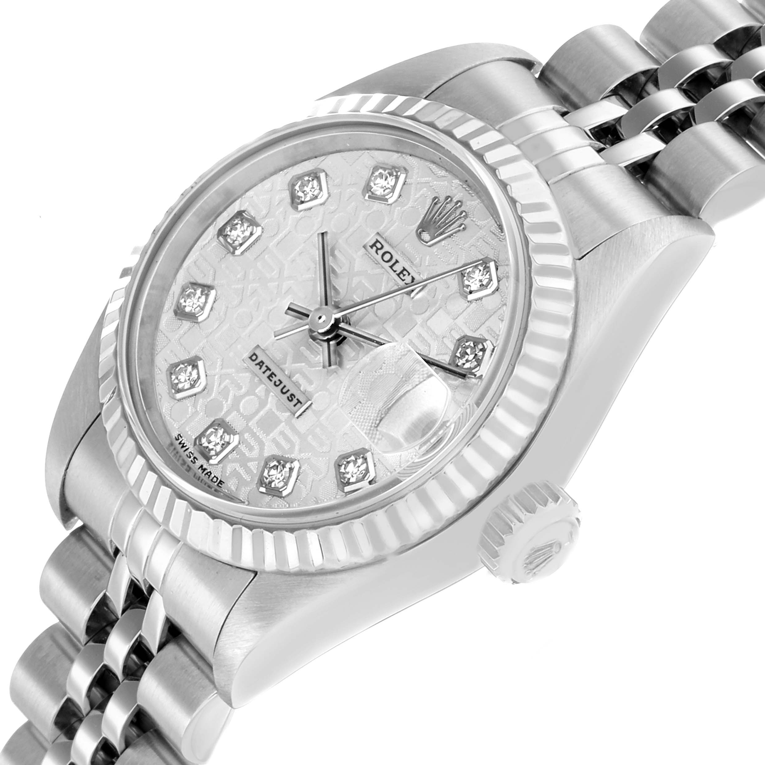 The image shows a Rolex Datejust 79174 Women's Stainless Steel Silver Dial watch angled from the side, highlighting the face, bracelet, and crown.