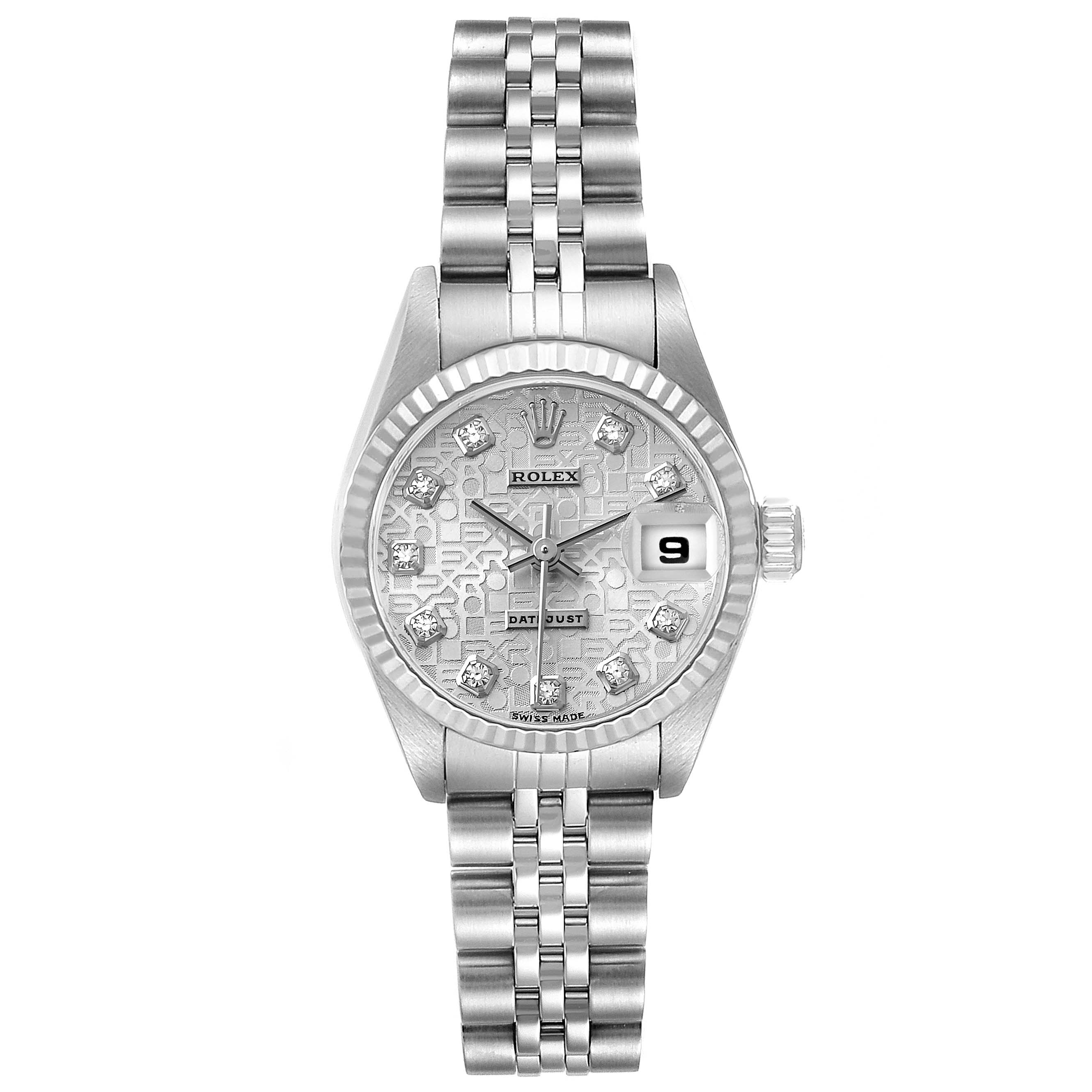 The Rolex Datejust 79174 Women's Stainless Steel Silver Dial watch is shown from a front angle, displaying the face, bezel, dial, bracelet, and crown.