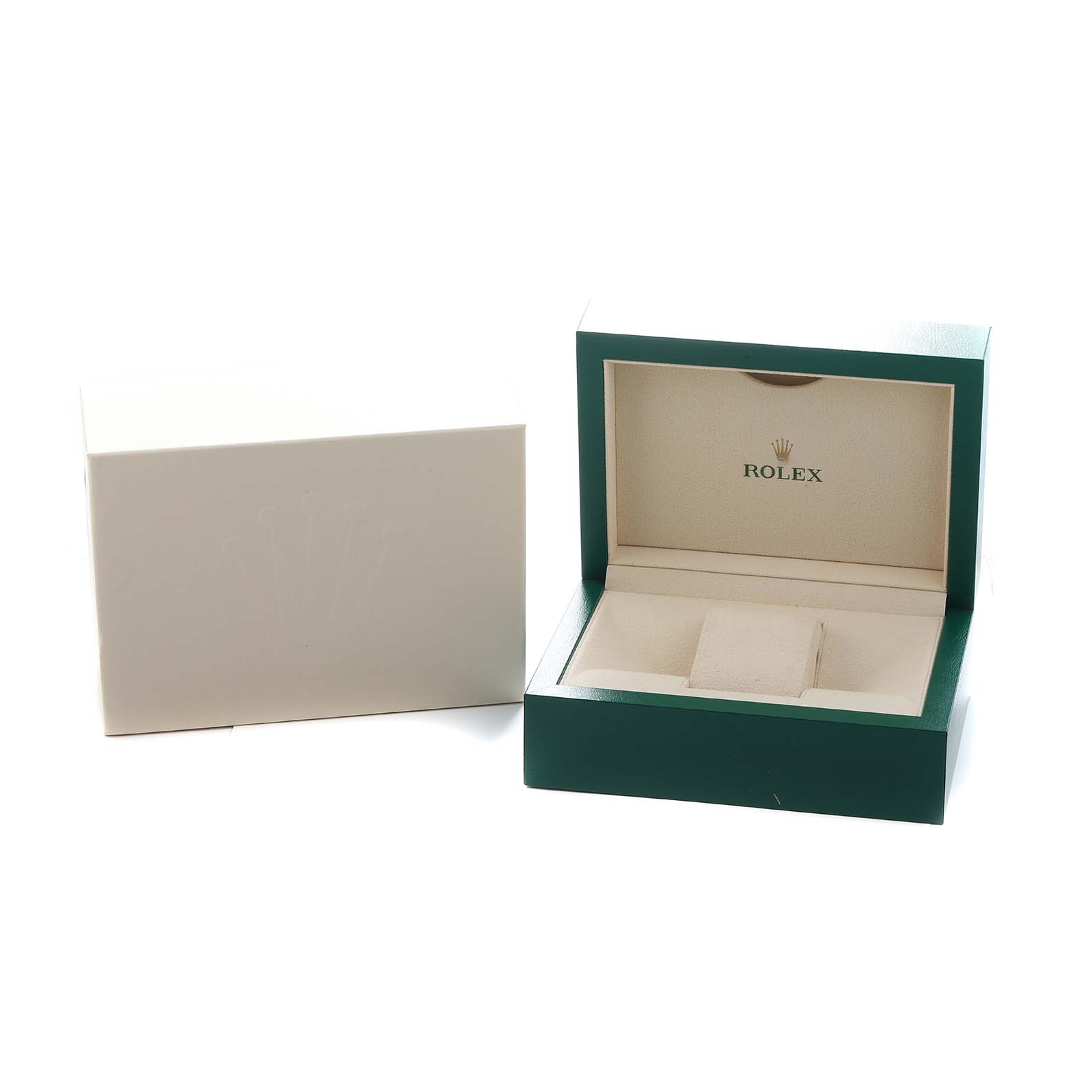 The image shows an open green Rolex Datejust 116244 Men
s Stainless Steel Mother of Pearl Dial watch box and a closed outer box from a frontal angle.