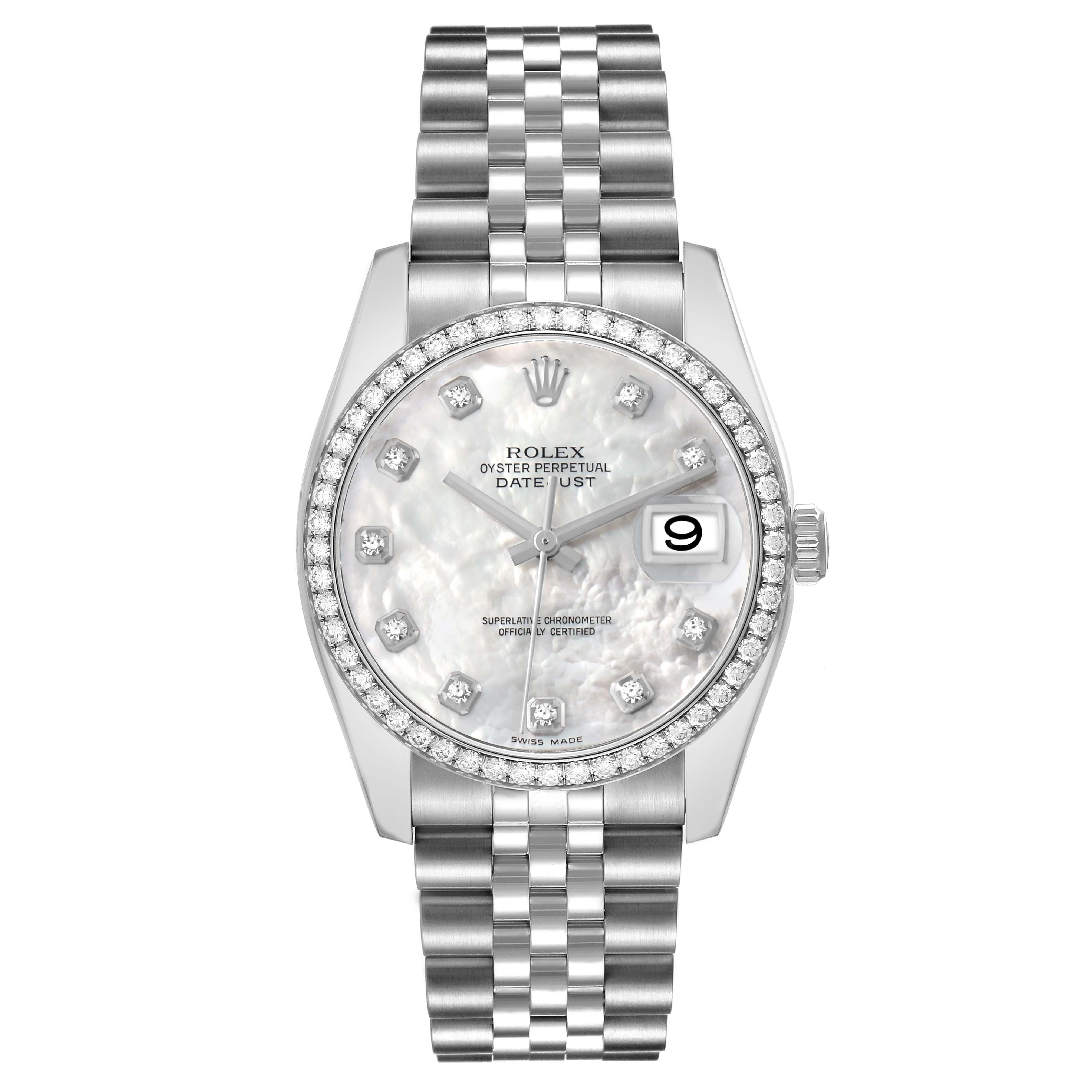 The Rolex Datejust 116244 Men
s Stainless Steel Mother of Pearl Dial is shown from the front, displaying its dial, bracelet, and bezel details.