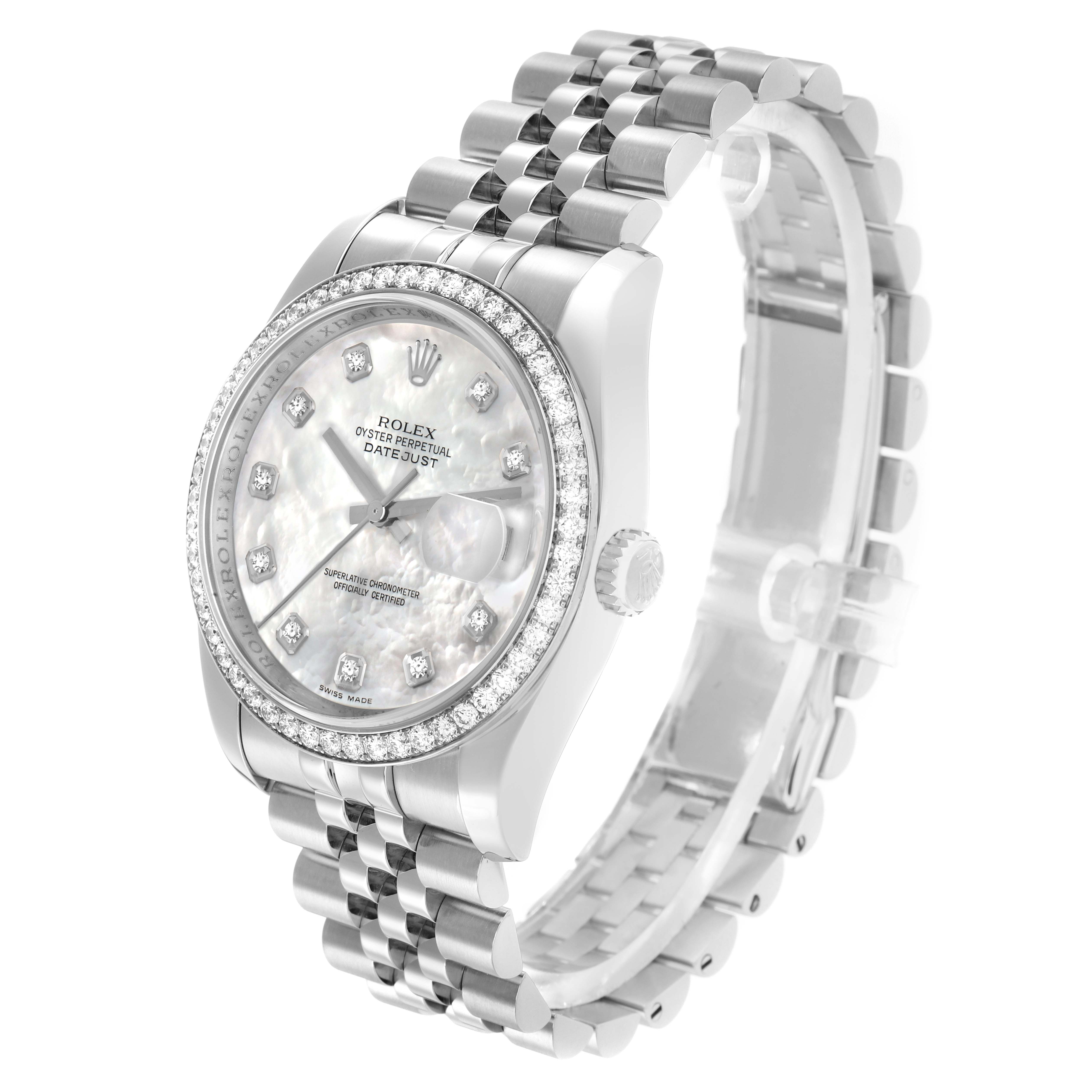 The Rolex Datejust 116244 Men
s Stainless Steel Mother of Pearl Dial watch is shown at an oblique angle, highlighting the face, bezel, crown, and a portion of the bracelet.