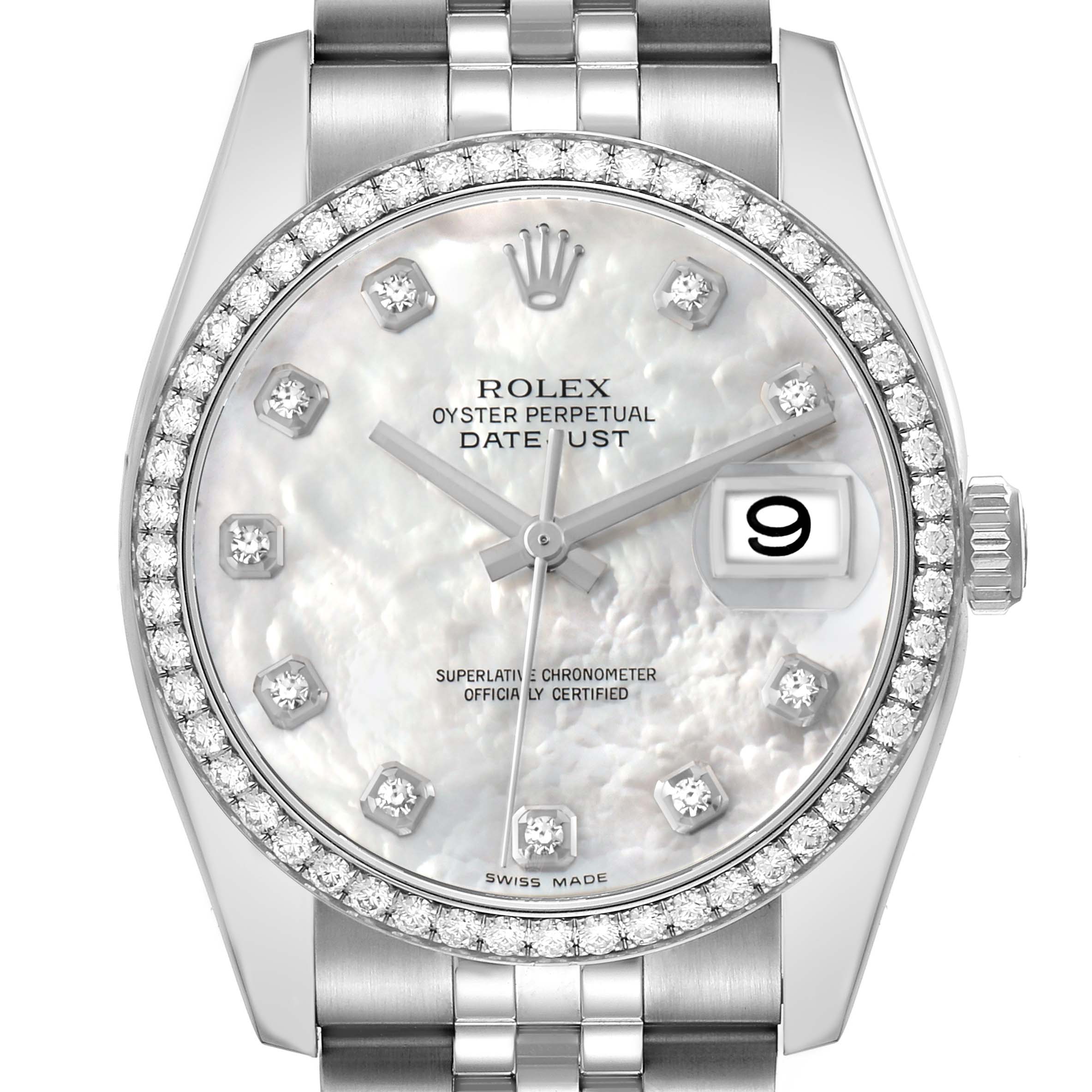 The Rolex Datejust 116244 Men
s Stainless Steel Mother of Pearl Dial watch is shown from the front, highlighting the dial, diamond bezel, crown, and partial bracelet.