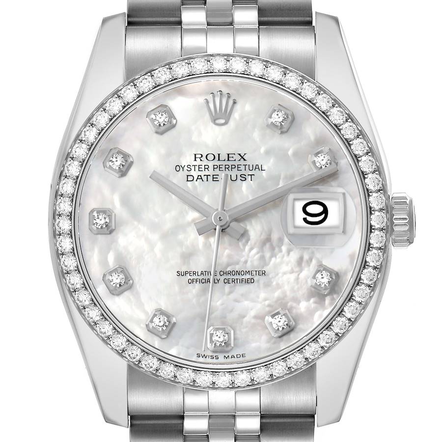 The Rolex Datejust 116244 Men's Stainless Steel Mother of Pearl Dial watch is shown from the front, highlighting the dial, diamond bezel, crown, and partial bracelet.