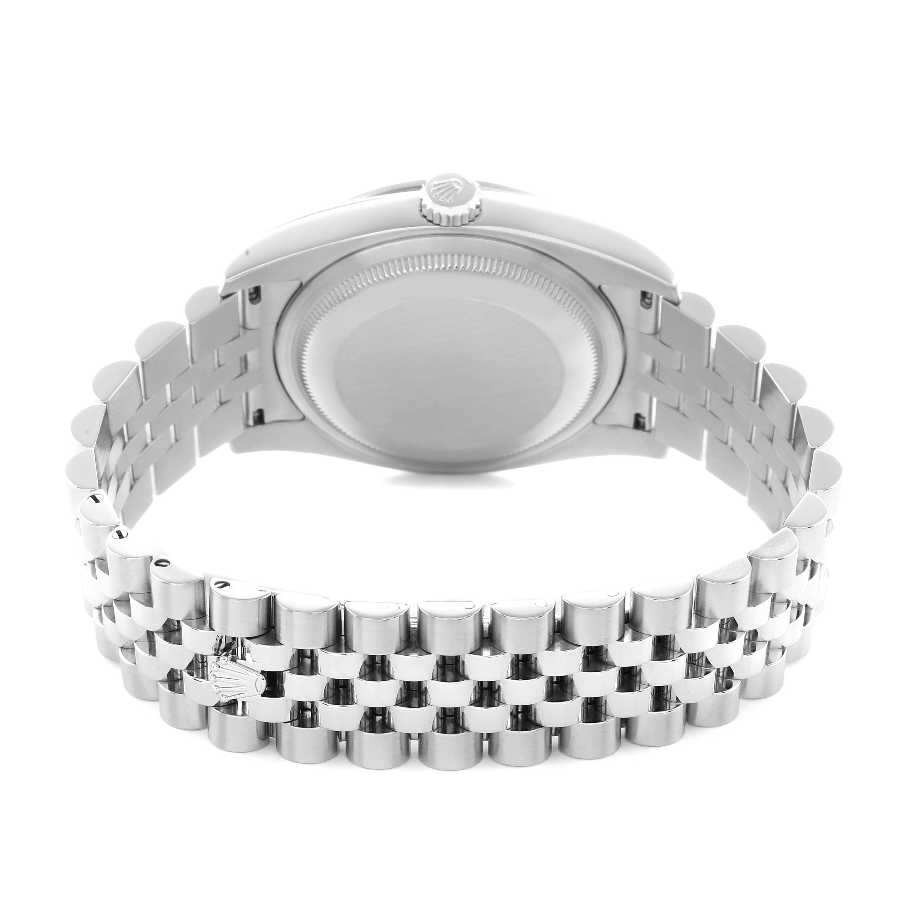 The image shows the back of a Rolex Datejust 116244 Men
s Stainless Steel Mother of Pearl Dial watch, highlighting the clasp, bracelet, and case back.