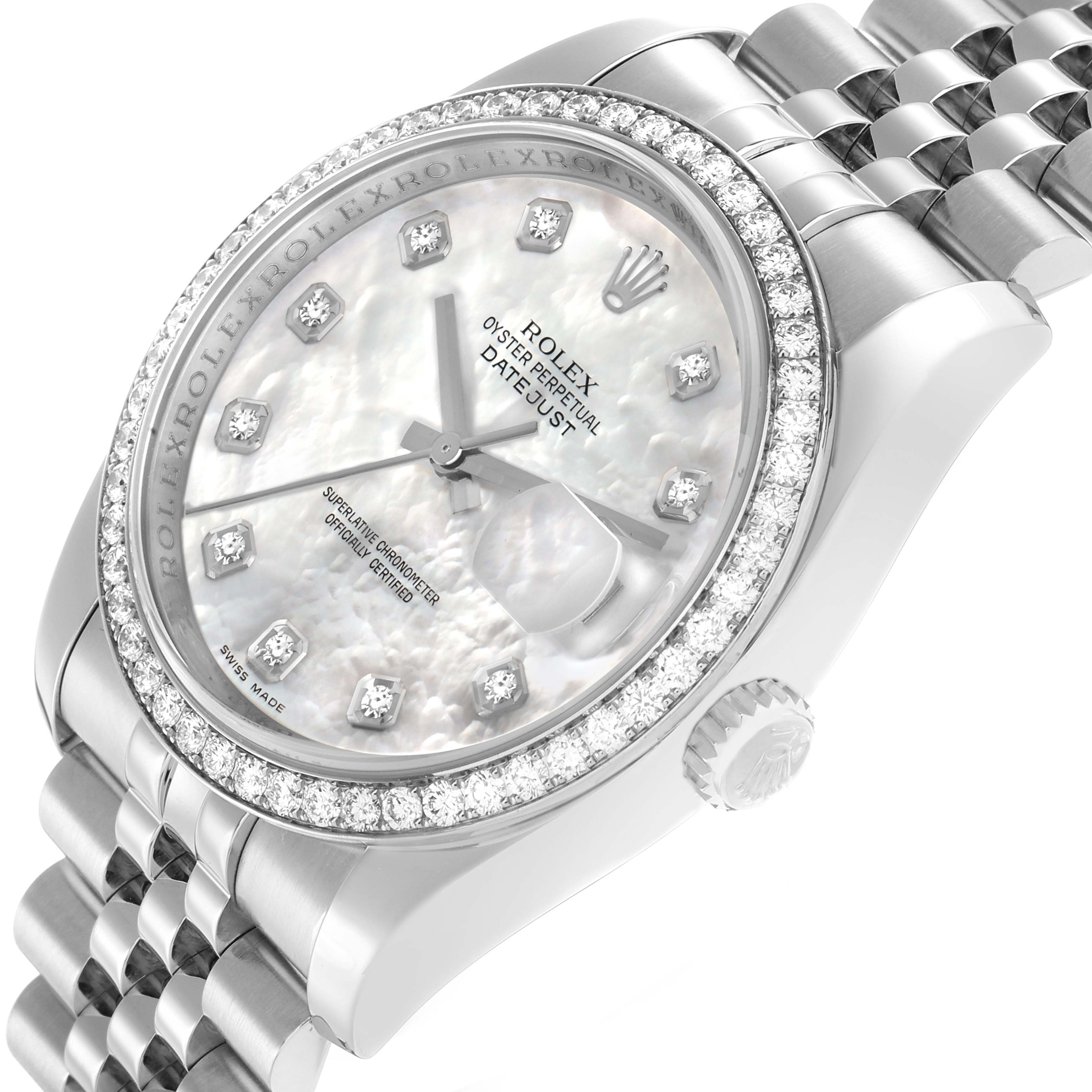 The Rolex Datejust 116244 Men
s Stainless Steel Mother of Pearl Dial watch is shown at an angled side view, highlighting the diamond bezel, mother-of-pearl dial, and jubilee bracelet.