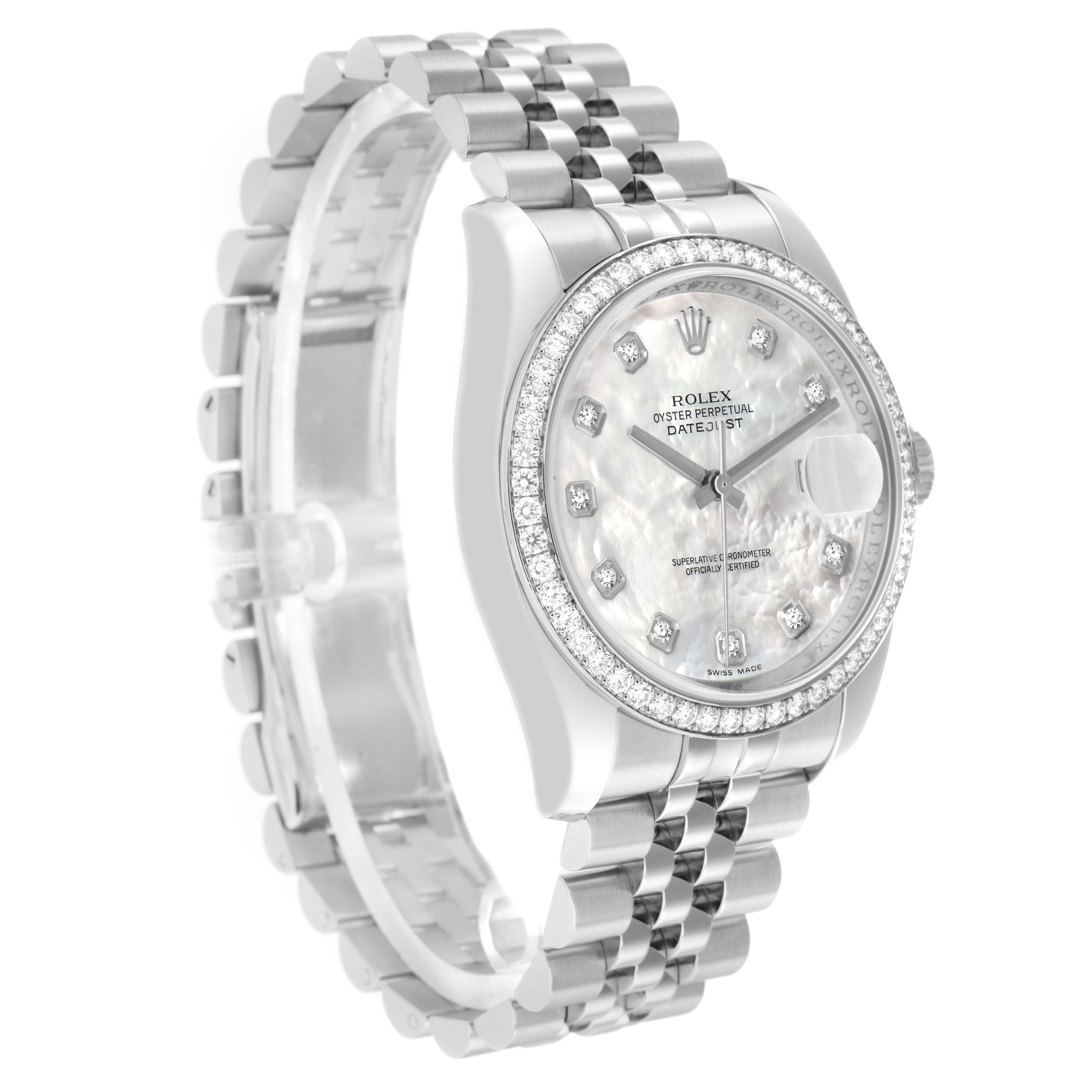 The Rolex Datejust 116244 Men
s Stainless Steel Mother of Pearl Dial watch is shown at a three-quarter angle, highlighting the face, bezel, and bracelet.