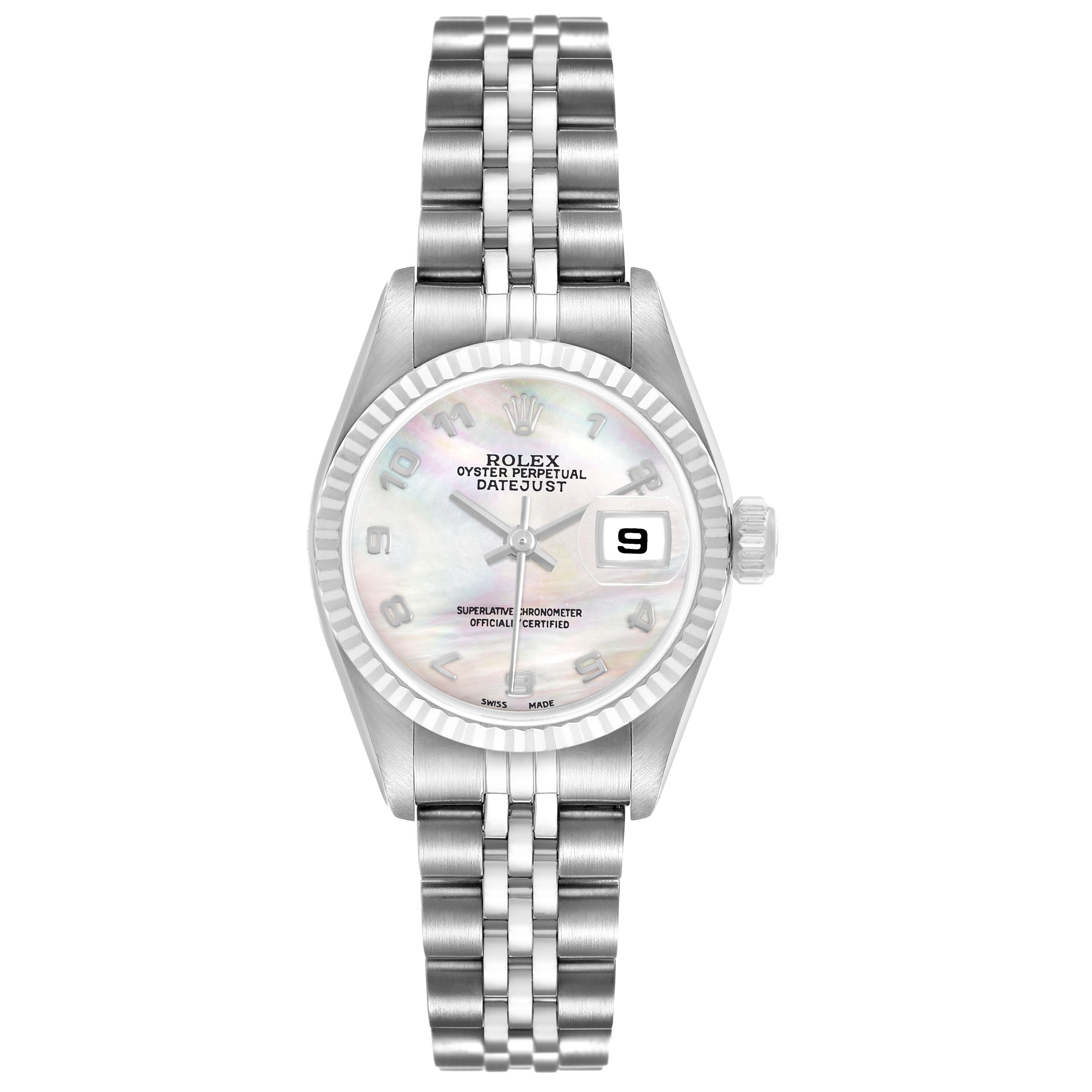 The Rolex Datejust 79174 Women's Stainless Steel Mother of Pearl Dial watch is shown from a top-down angle, displaying the face, dial, bezel, and bracelet.