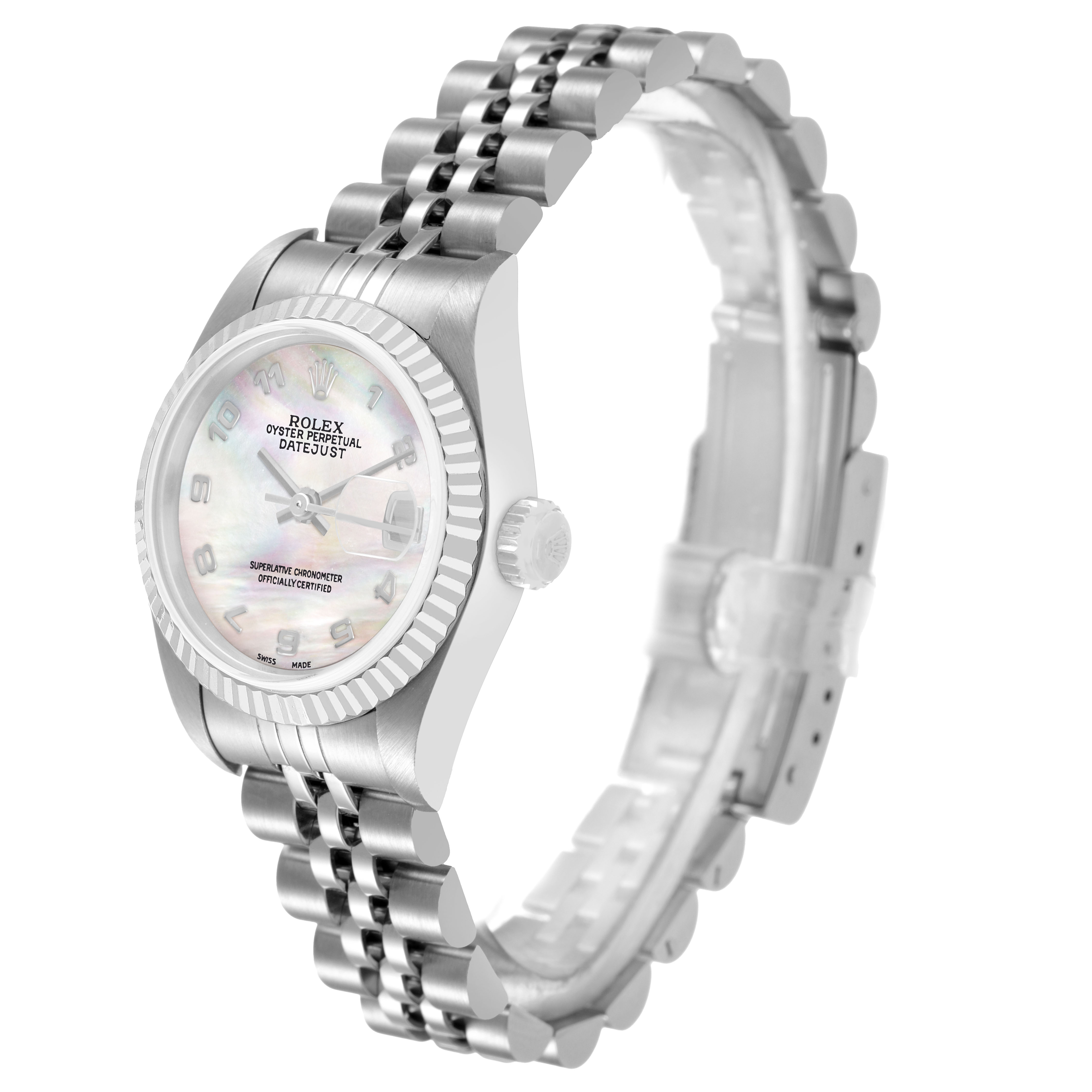 The Rolex Datejust 79174 Women's Stainless Steel Mother of Pearl Dial watch is shown from a side angle, highlighting its bracelet, case, and bezel.