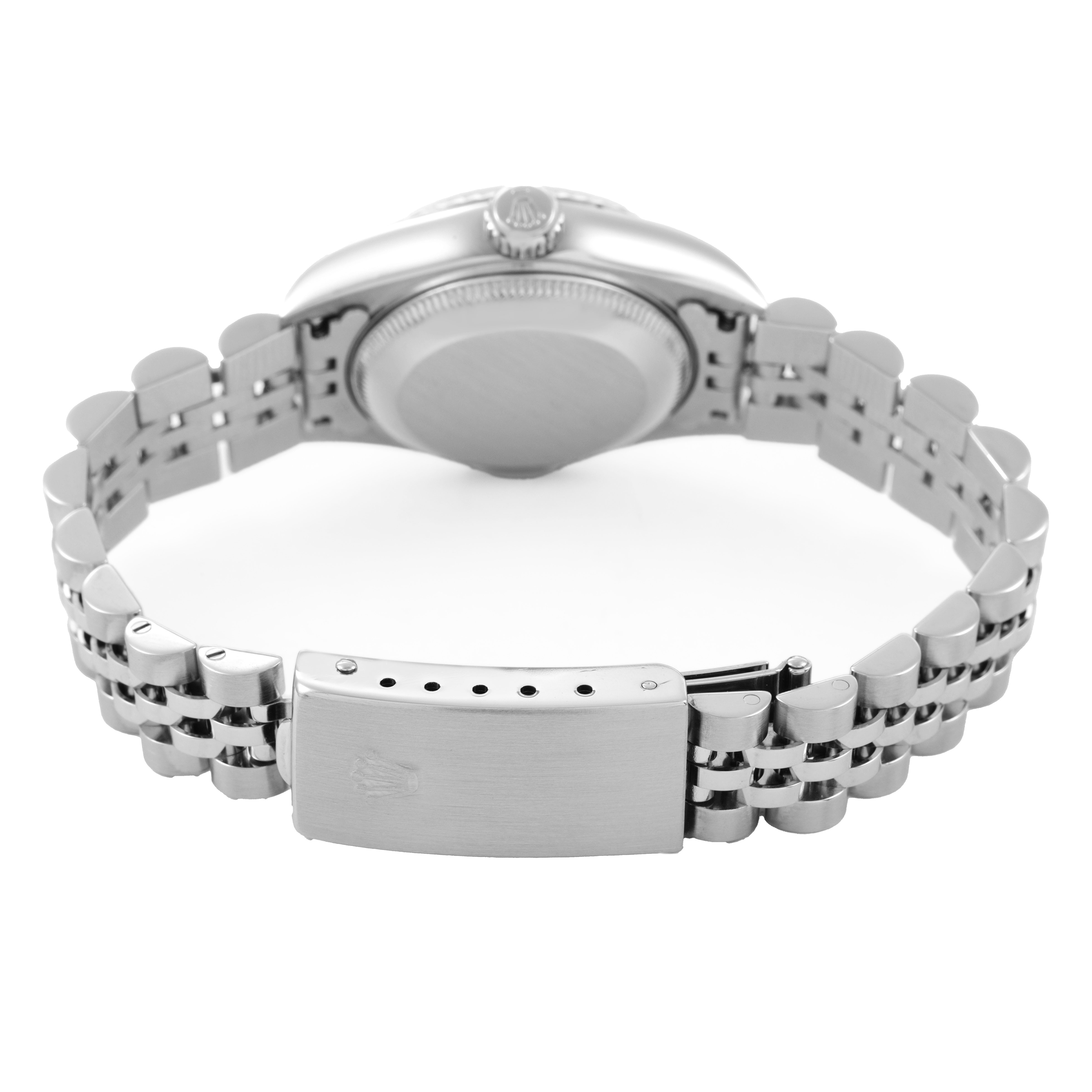 The image shows the back of a Rolex Datejust 79174 Women's Stainless Steel Mother of Pearl Dial, highlighting its bracelet and clasp from a rear angle.
