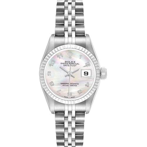 The Rolex Datejust 79174 Women's Stainless Steel Mother of Pearl Dial watch is shown from a top-down angle, displaying the dial, bezel, case, and bracelet.