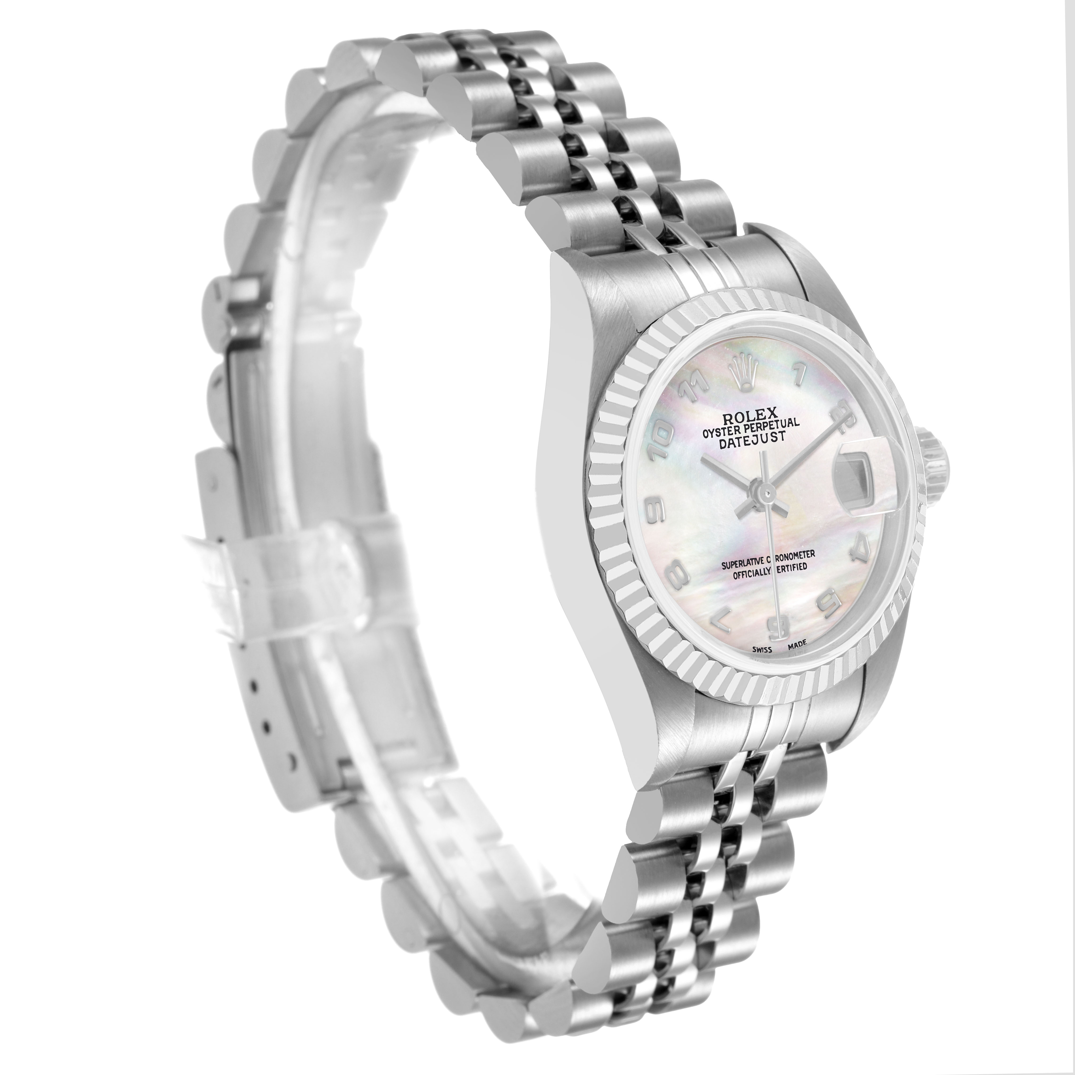 The Rolex Datejust 79174 Women's Stainless Steel Mother of Pearl Dial watch is shown at an angle displaying the dial, bezel, and bracelet.