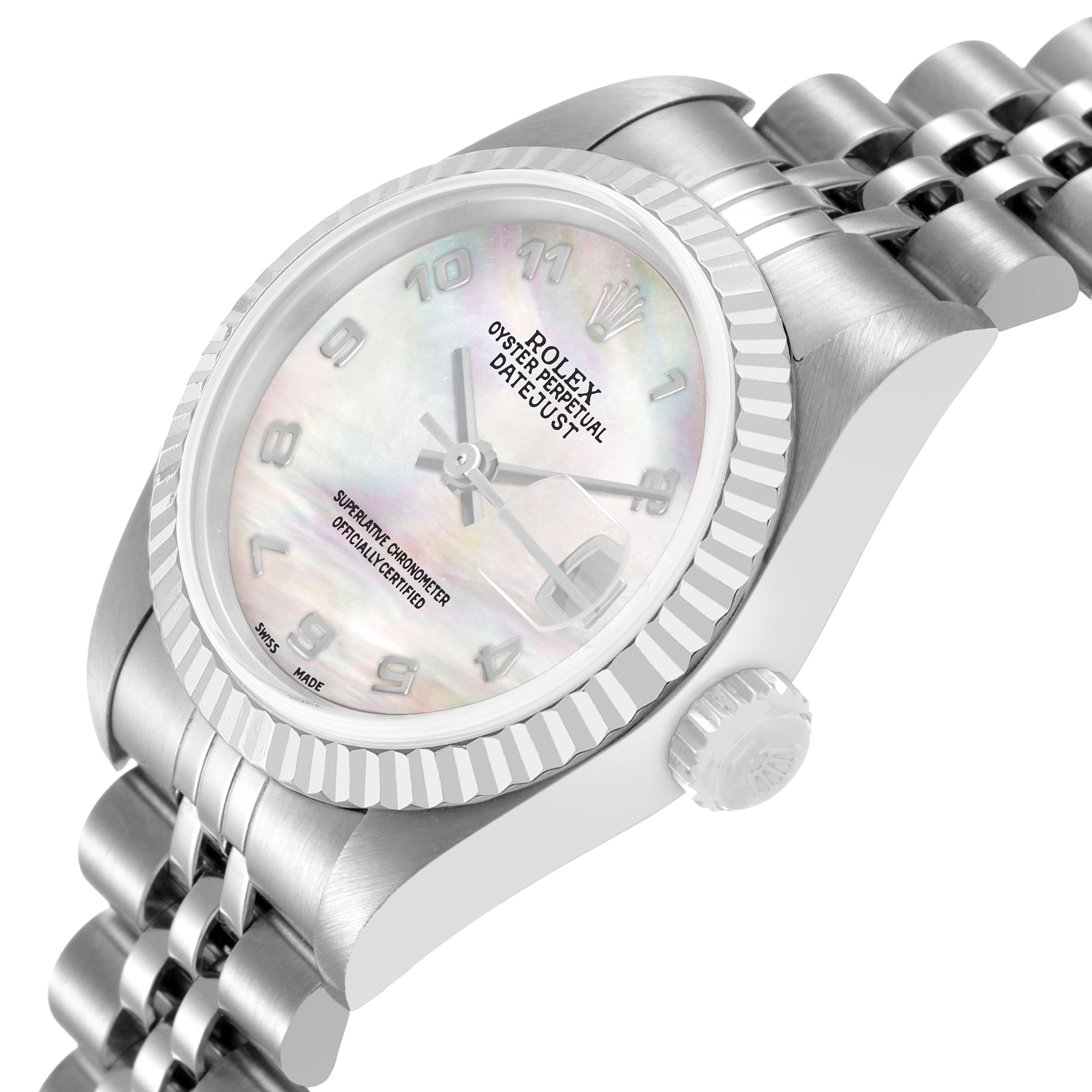 The Rolex Datejust 79174 Women's Stainless Steel Mother of Pearl Dial watch is shown at an angled view, highlighting the dial, bezel, crown, and part of the bracelet.