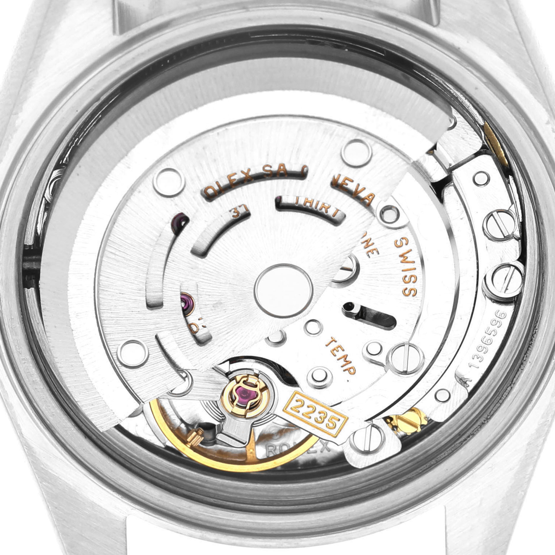 The image shows the movement of a Rolex Datejust 79174 Women's Stainless Steel Mother of Pearl Dial watch from a top-down angle, highlighting the intricate mechanics.