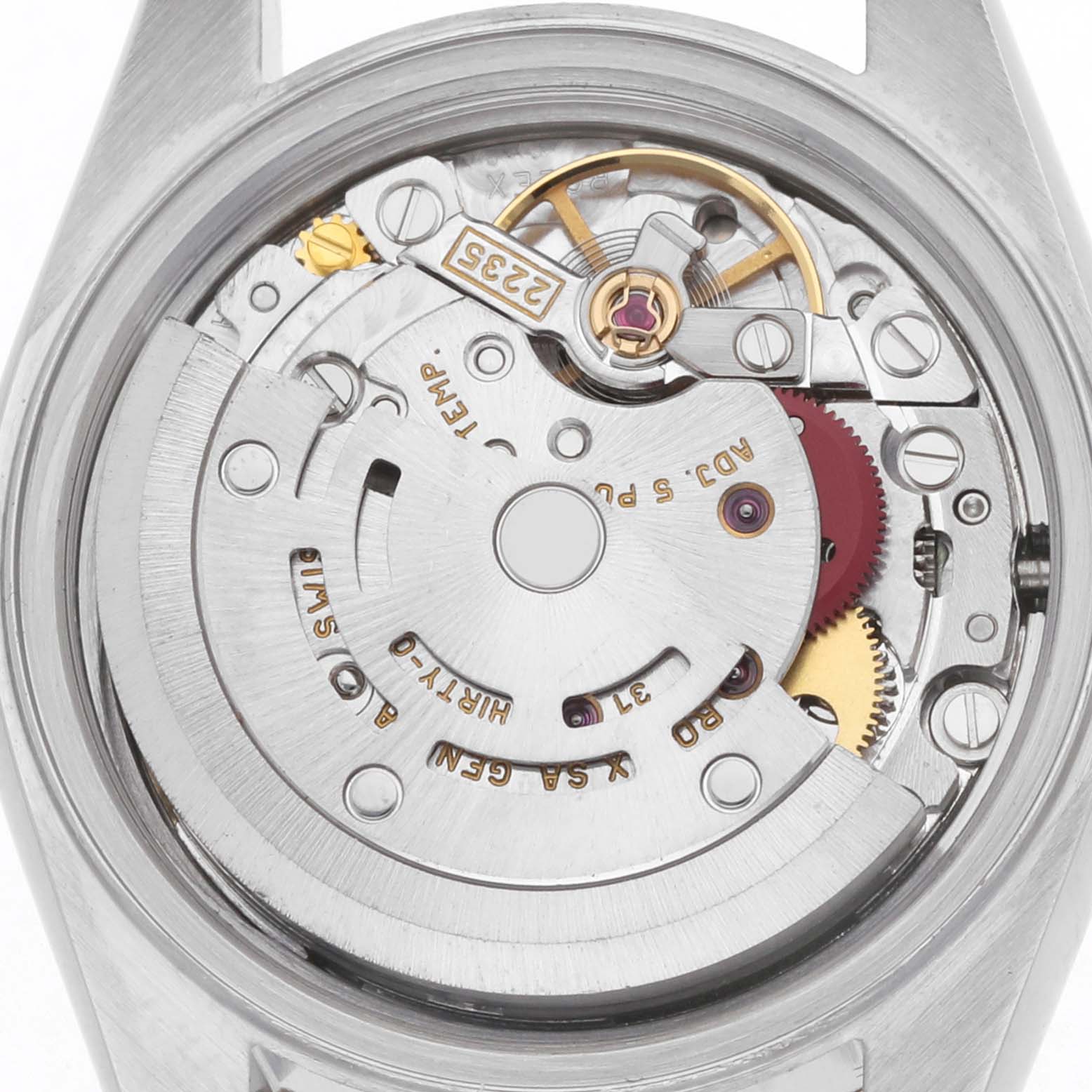 The image shows the movement and internal mechanics of a Rolex Datejust 79173 Women's Steel and Gold (two tone) Champagne Dial watch from a top-down view.