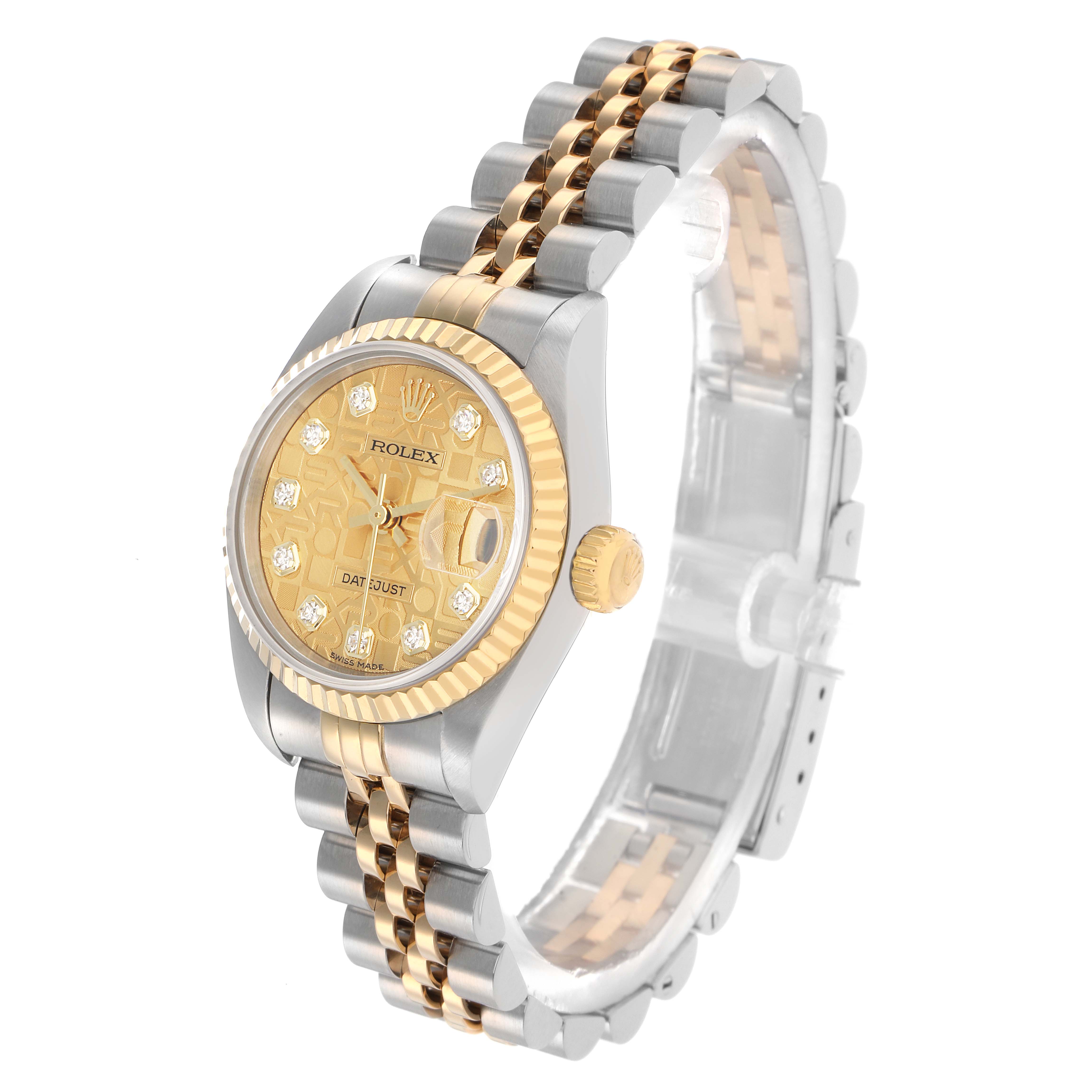The Rolex Datejust 79173 Women's Steel and Gold (two tone) Champagne Dial watch is shown at a three-quarter angle, revealing the face, bezel, crown, and bracelet.