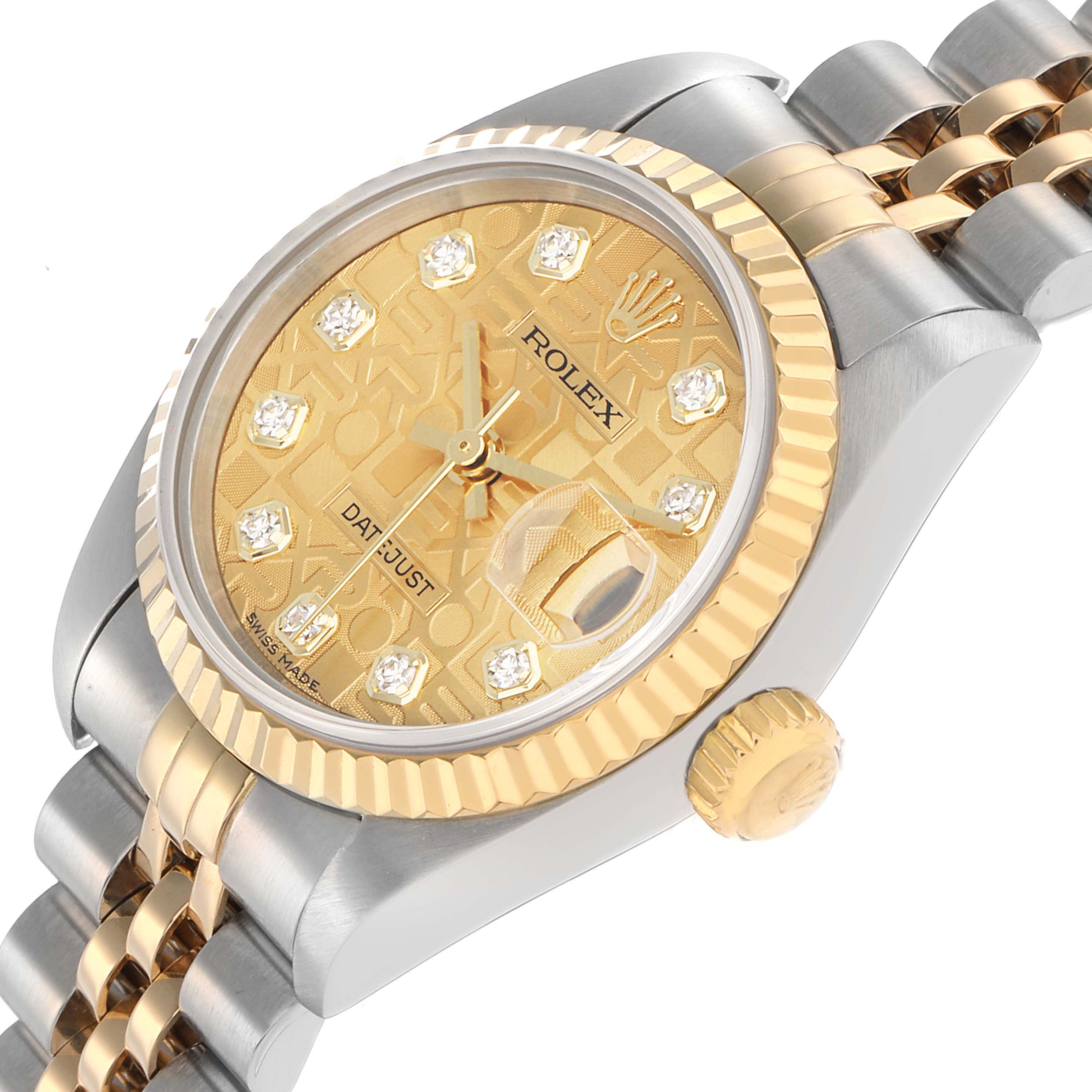 The Rolex Datejust 79173 Women's Steel and Gold (two tone) Champagne Dial watch is shown from a side angle, highlighting the gold dial, bezel, crown, and two-tone bracelet.