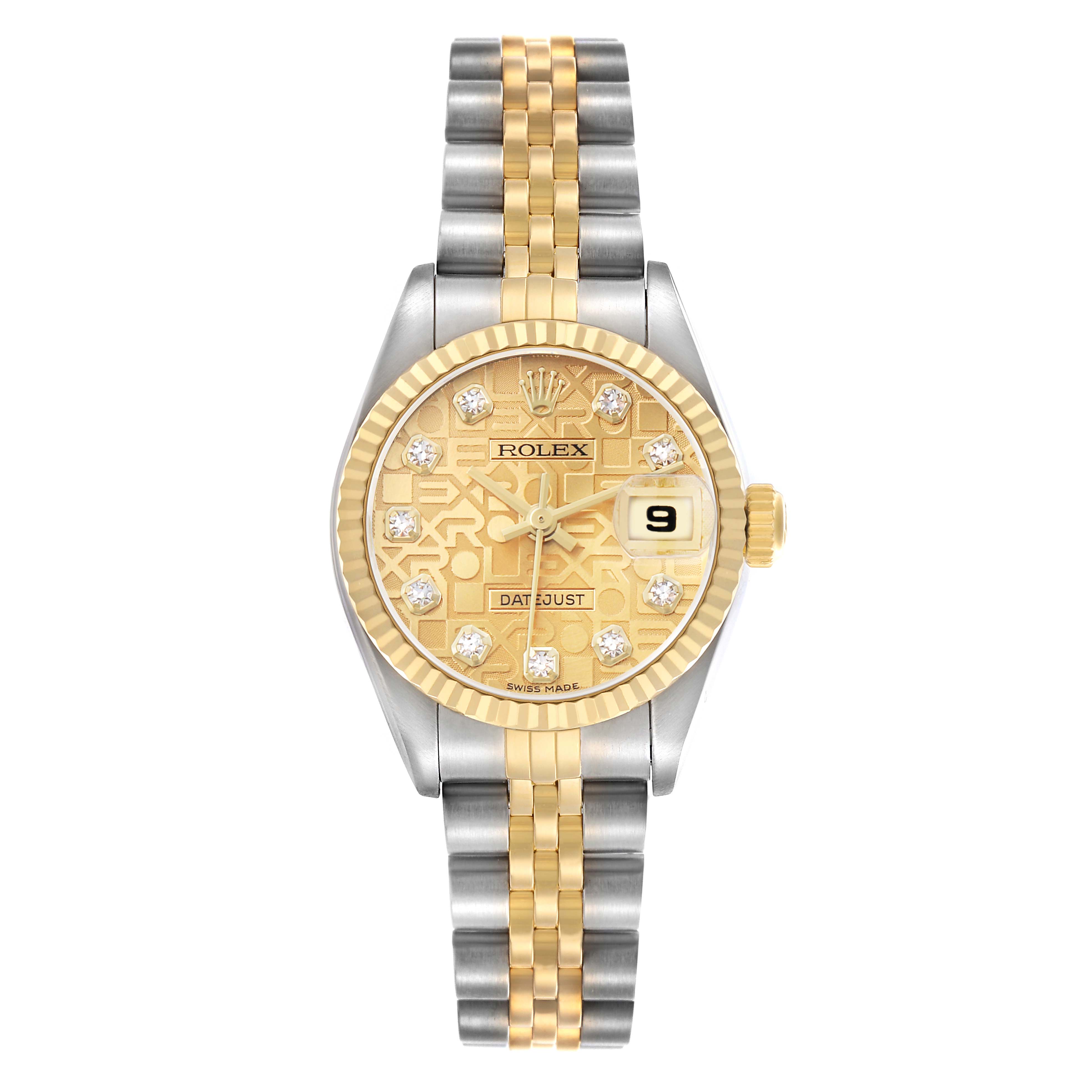 The Rolex Datejust 79173 Women's Steel and Gold (two tone) Champagne Dial watch is shown from a top-down angle, displaying the face, bezel, and bracelet.