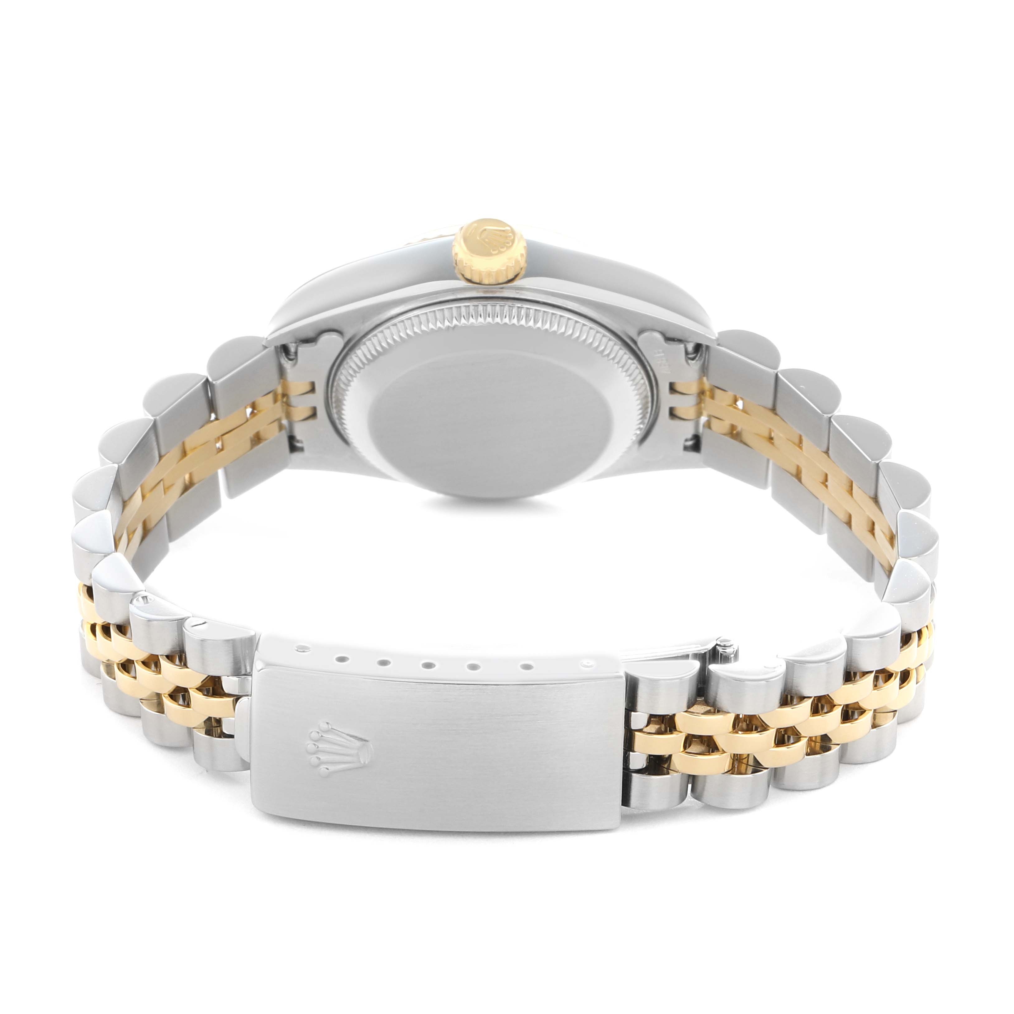 The image shows the backside of a Rolex Datejust 79173 Women's Steel and Gold (two tone) Champagne Dial watch, featuring the clasp, bracelet, and case back from a rear angle.