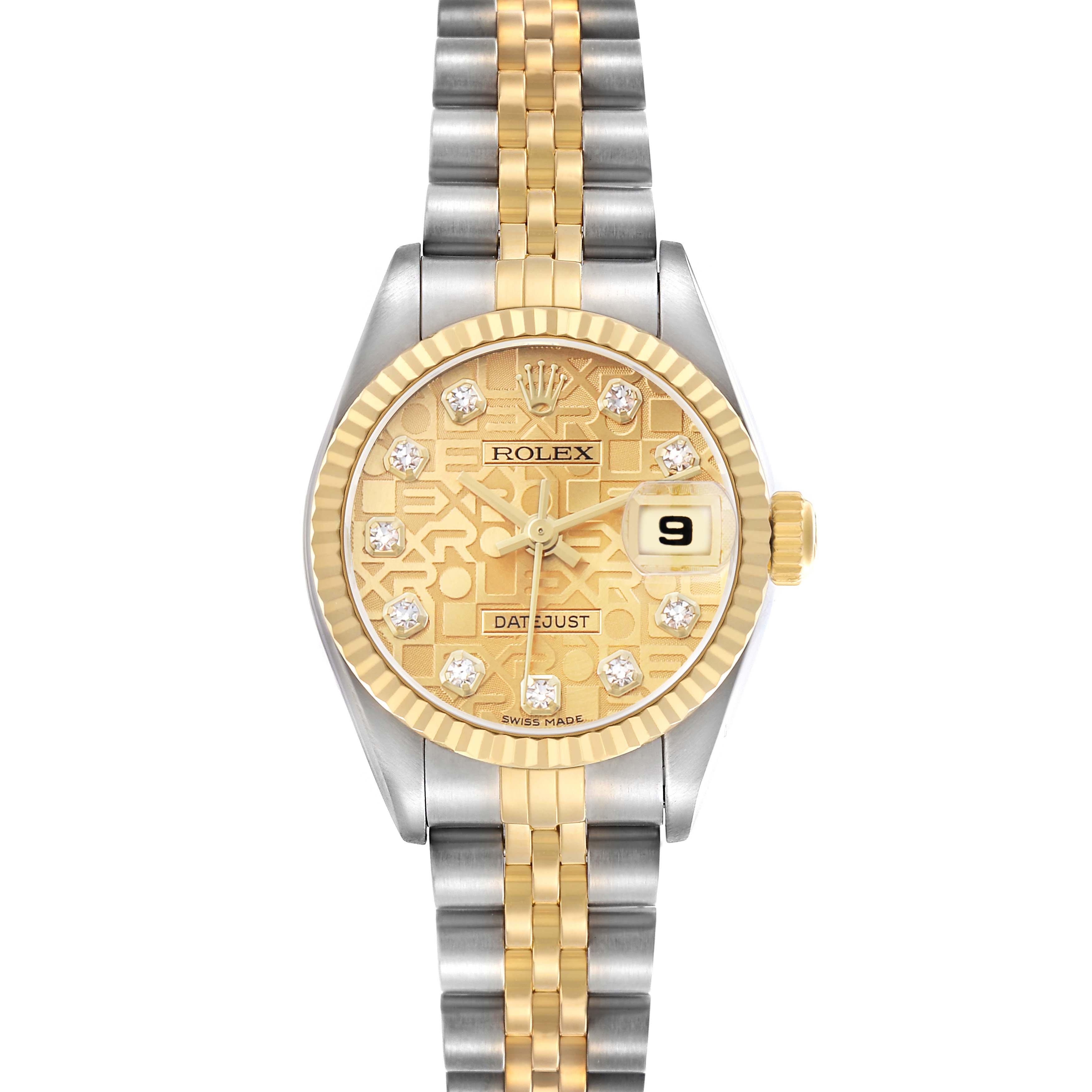The Rolex Datejust 79173 Women's Steel and Gold (two tone) Champagne Dial watch is shown from a top-down angle, displaying the dial, bezel, and two-tone bracelet.