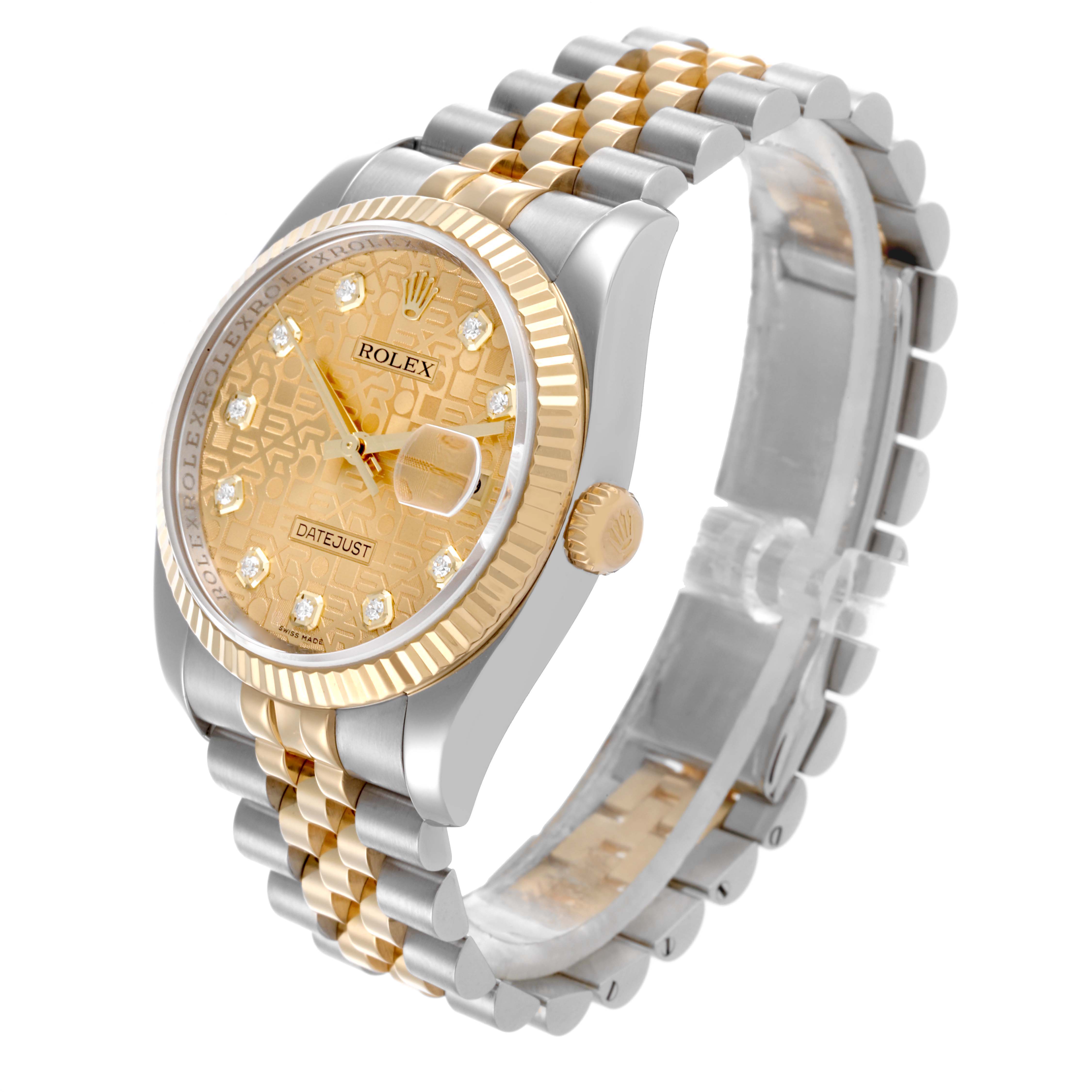 The Rolex Datejust 116233 Men
s Steel and Gold (two tone) Champagne Dial 116233 Men
s Steel and Gold (two tone) Champagne Dial watch is shown at a slight angle, displaying the face, dial, crown, and two-tone bracelet.