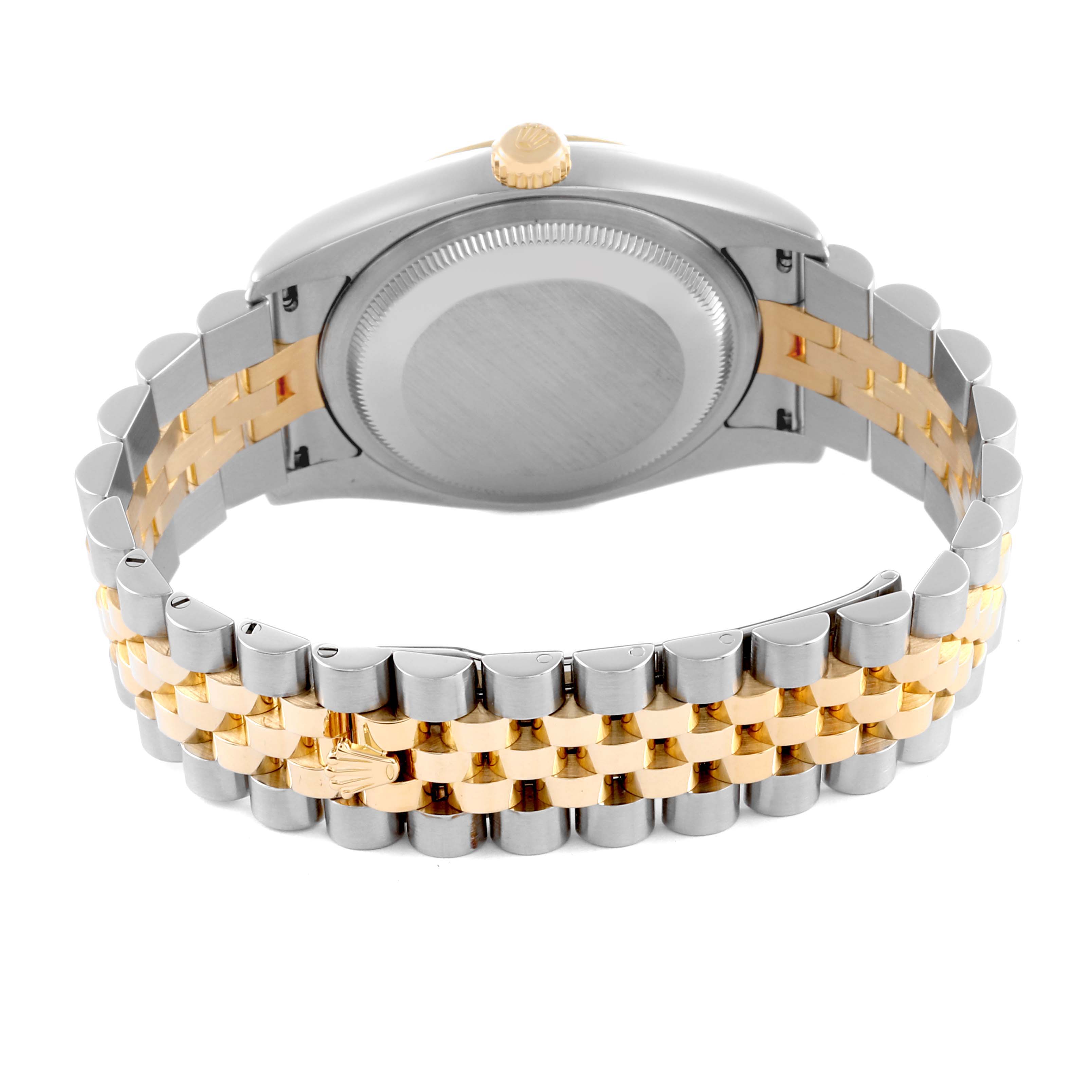 The image shows the back of the Rolex Datejust 116233 Men
s Steel and Gold (two tone) Champagne Dial 116233 Men
s Steel and Gold (two tone) Champagne Dial, highlighting the case back and two-tone bracelet.