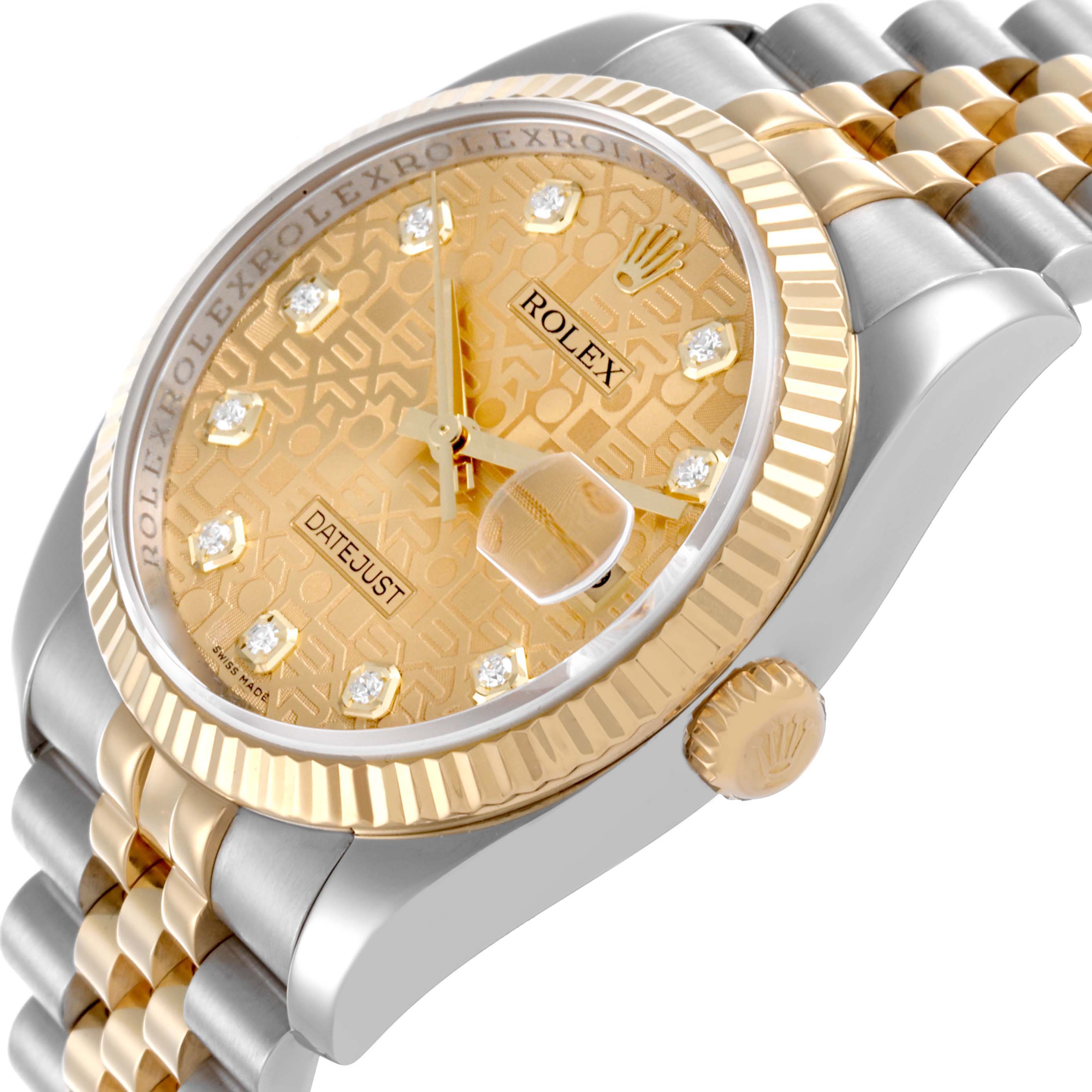 The Rolex Datejust 116233 Men
s Steel and Gold (two tone) Champagne Dial 116233 Men
s Steel and Gold (two tone) Champagne Dial watch is shown at a slight angle highlighting the bracelet, bezel, dial, and crown.