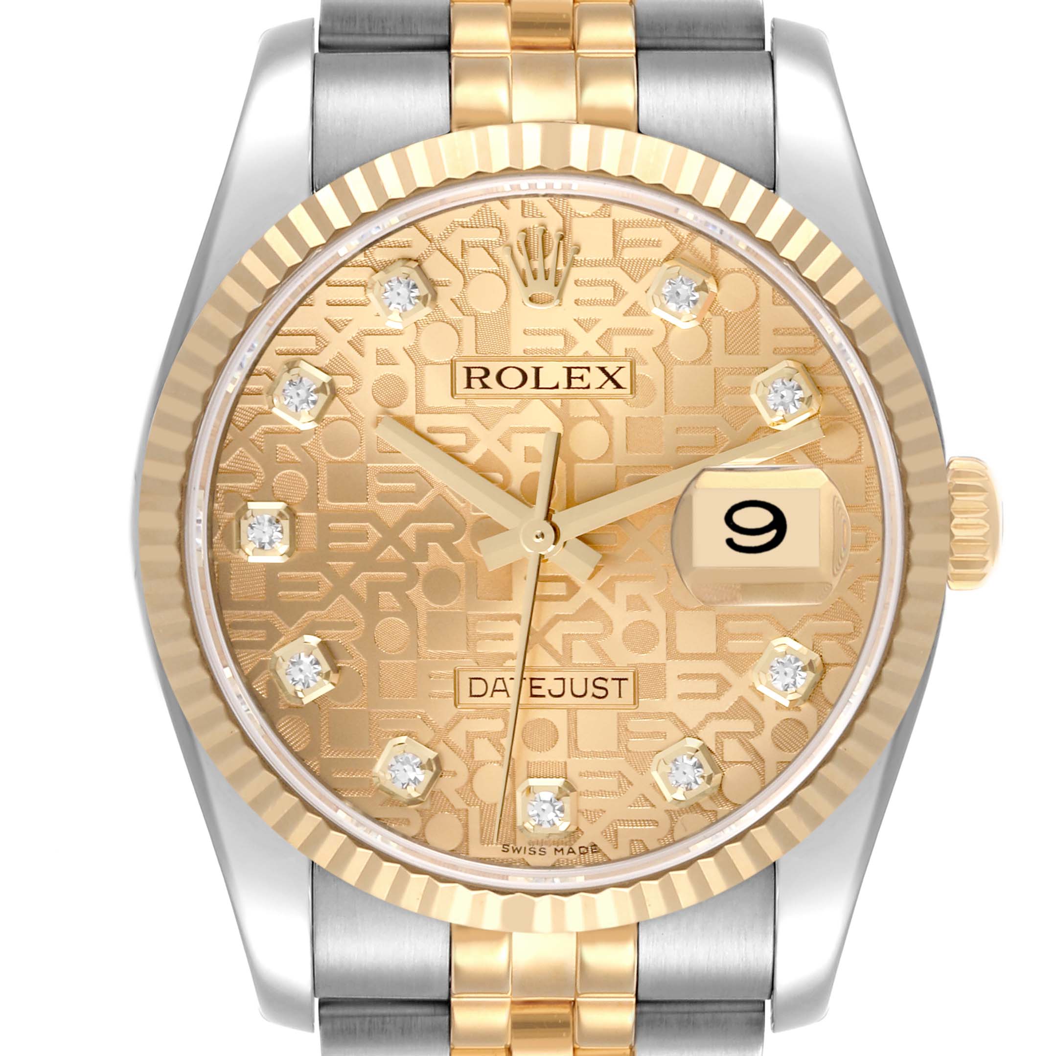 The Rolex Datejust 116233 Men
s Steel and Gold (two tone) Champagne Dial 116233 Men
s Steel and Gold (two tone) Champagne Dial watch is shown from the front, highlighting its dial, bezel, and part of the bracelet.