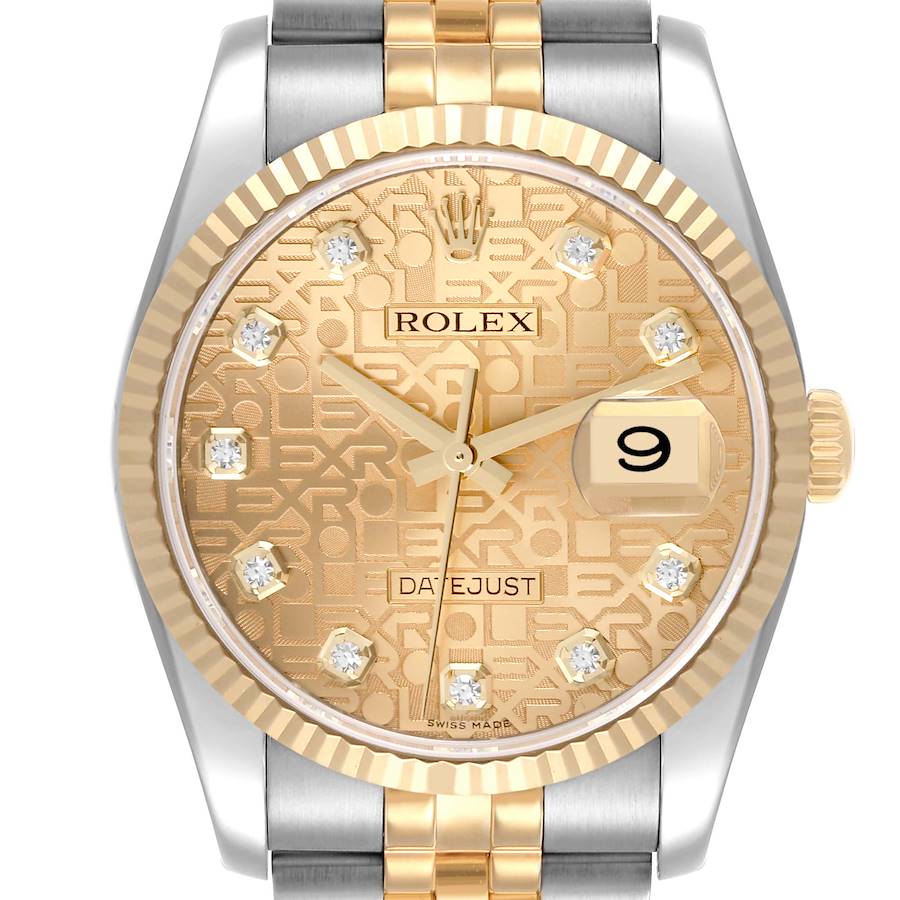 The Rolex Datejust watch is shown from the front, highlighting its dial, bezel, and part of the bracelet.