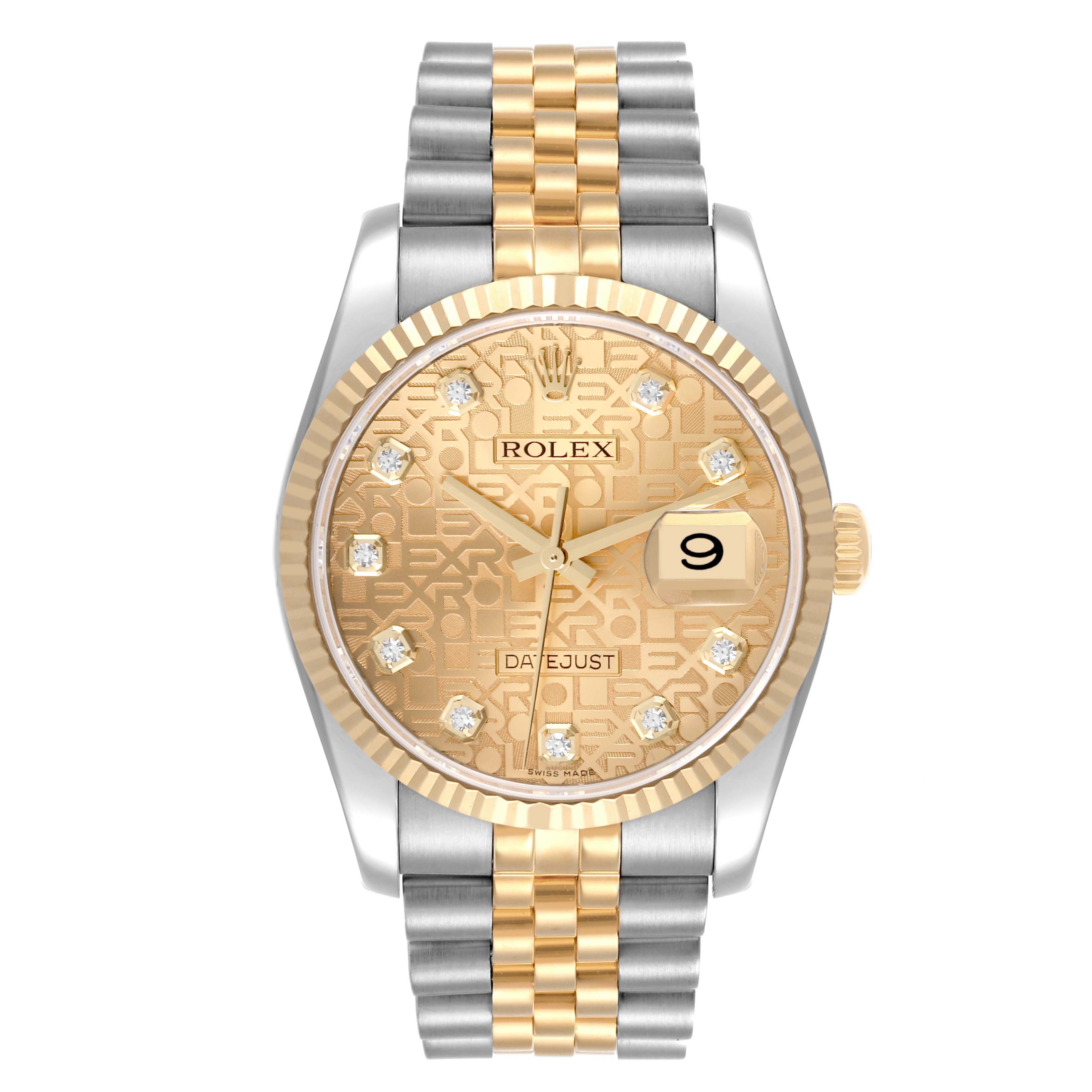 The Rolex Datejust 116233 Men
s Steel and Gold (two tone) Champagne Dial 116233 Men
s Steel and Gold (two tone) Champagne Dial watch is shown from the front, featuring the dial, bezel, and bracelet.