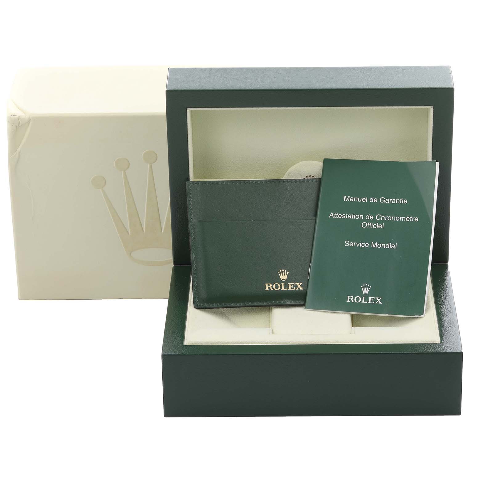 The image shows the Rolex Datejust 116233 Men
s Steel and Gold (two tone) Champagne Dial 116233 Men
s Steel and Gold (two tone) Champagne Dial packaging, including a box, manual, and cardholder, displayed from the front.