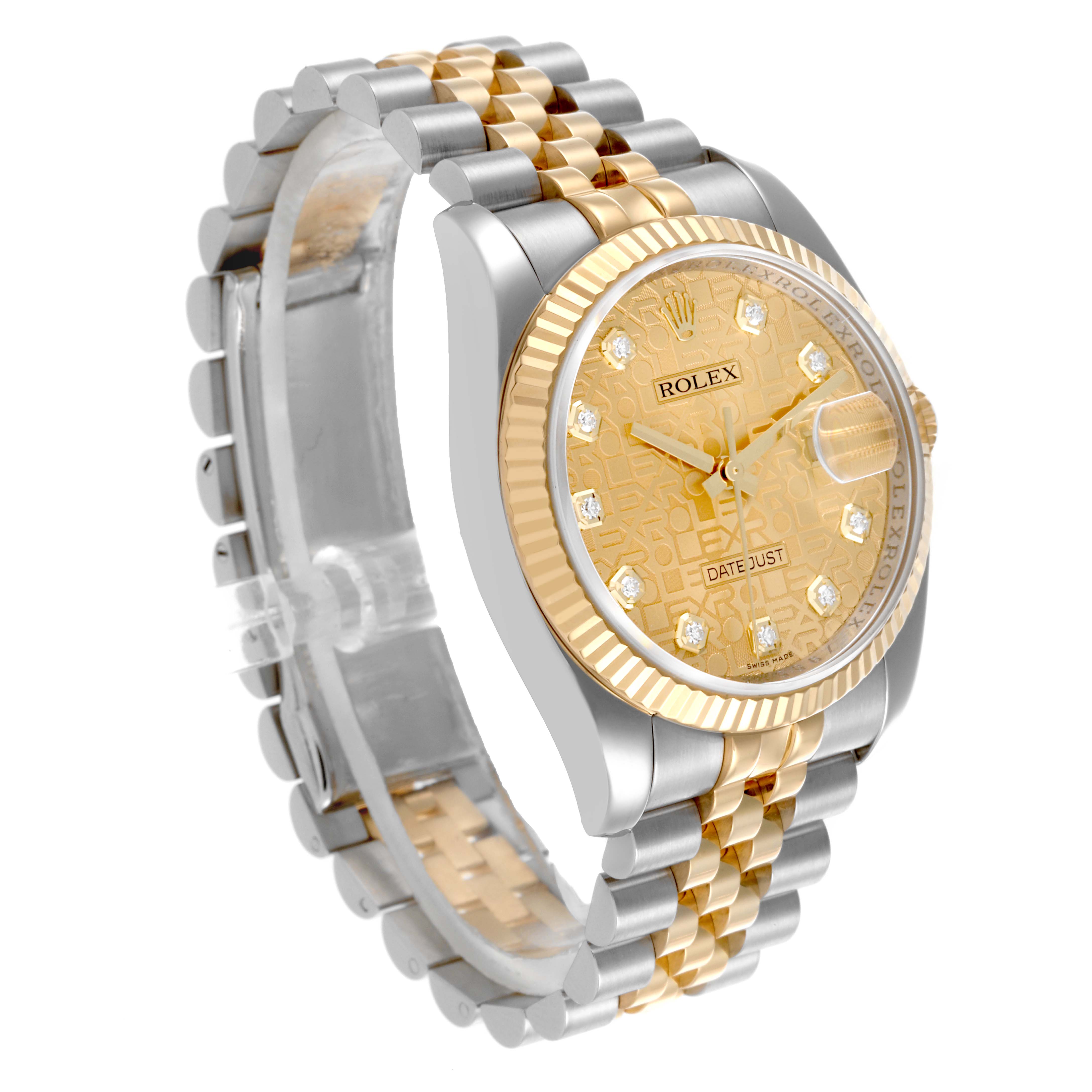 The Rolex Datejust 116233 Men
s Steel and Gold (two tone) Champagne Dial 116233 Men
s Steel and Gold (two tone) Champagne Dial watch is shown at a three-quarter angle, highlighting the face, bezel, and bracelet.