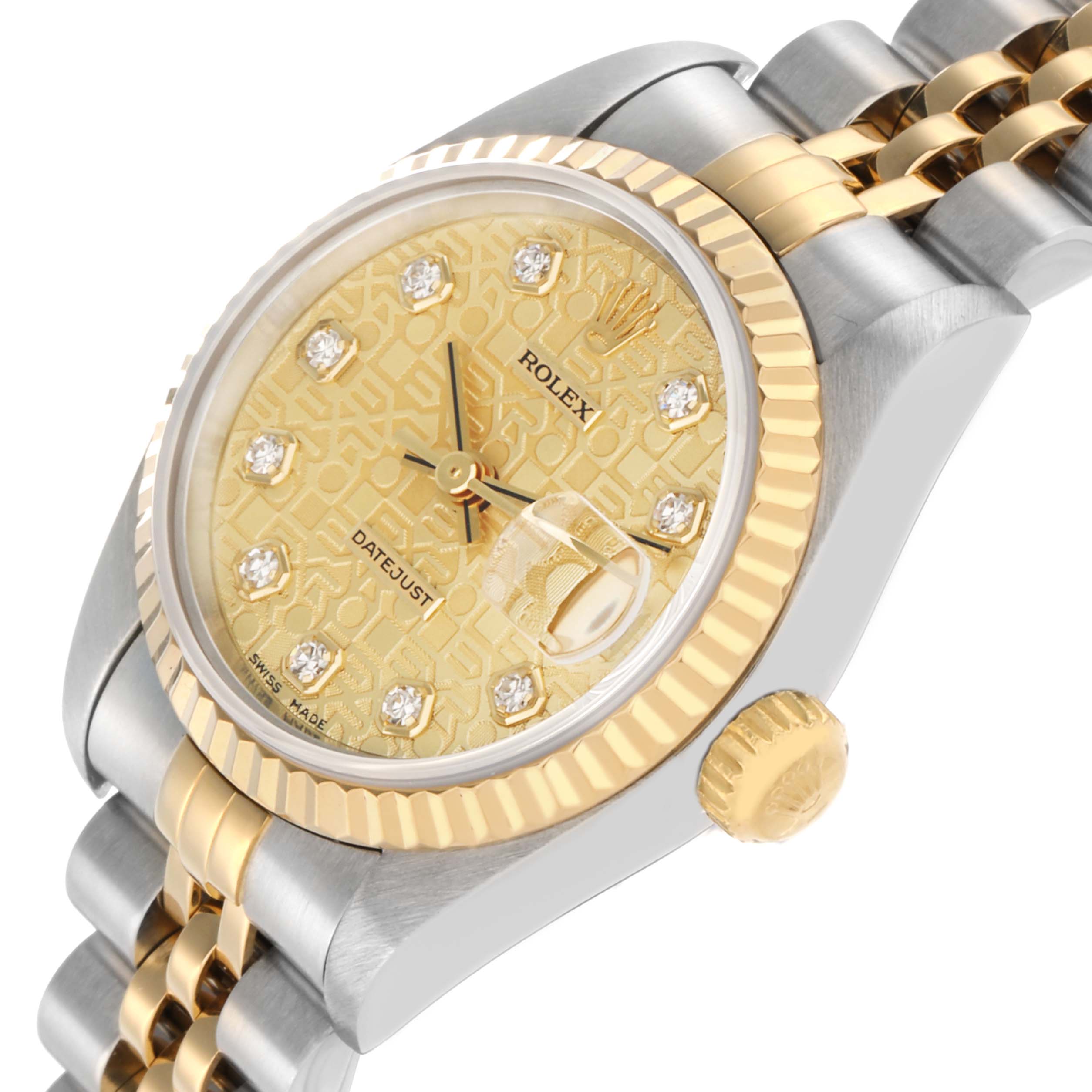 The image shows the Rolex Datejust 69173 Women
s Steel and Gold (two tone) Champagne Dial from a three-quarter angle, highlighting the face, bezel, crown, and bracelet.