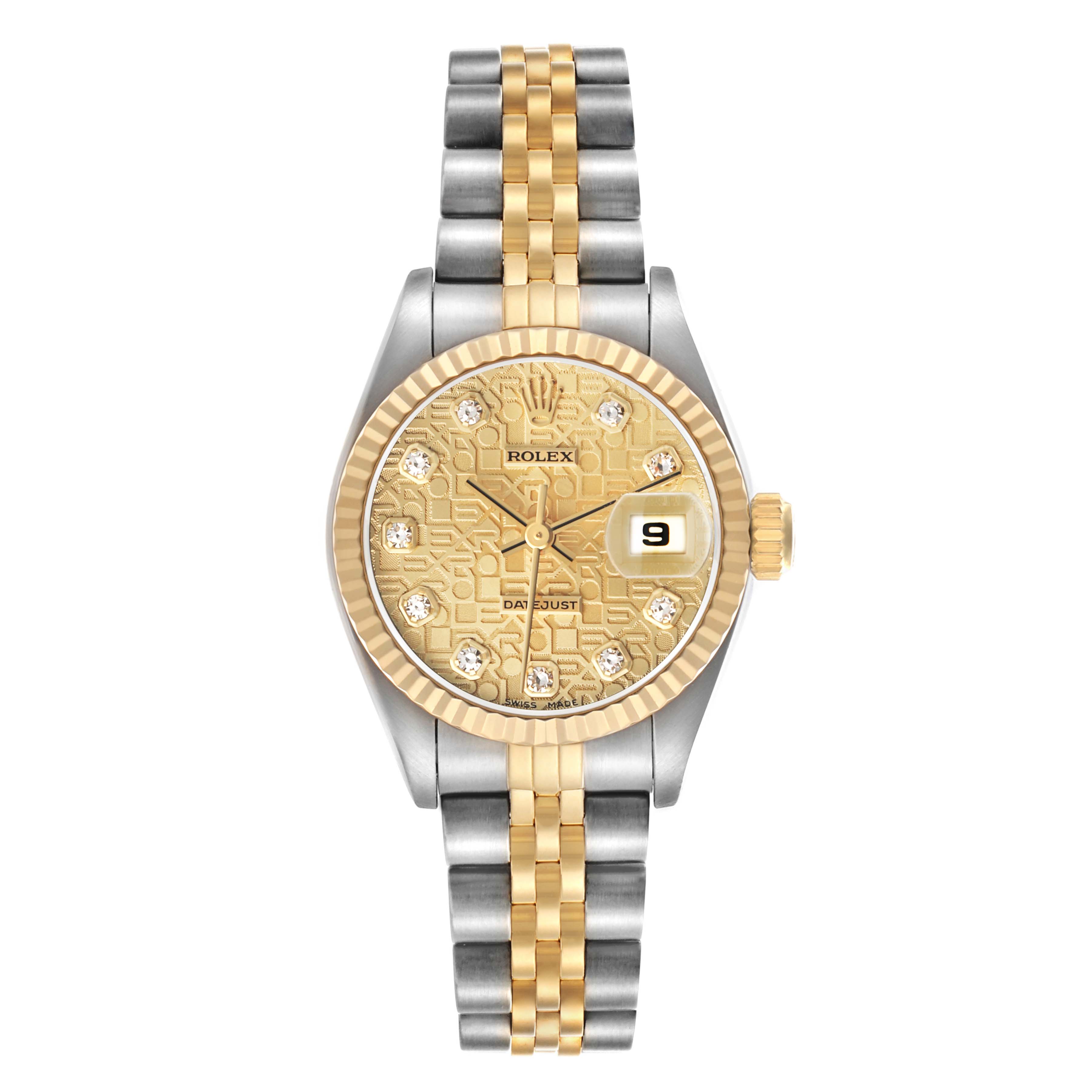 The Rolex Datejust 69173 Women
s Steel and Gold (two tone) Champagne Dial is shown from a top view, highlighting its gold dial, diamond markers, two-tone bracelet, and date feature.