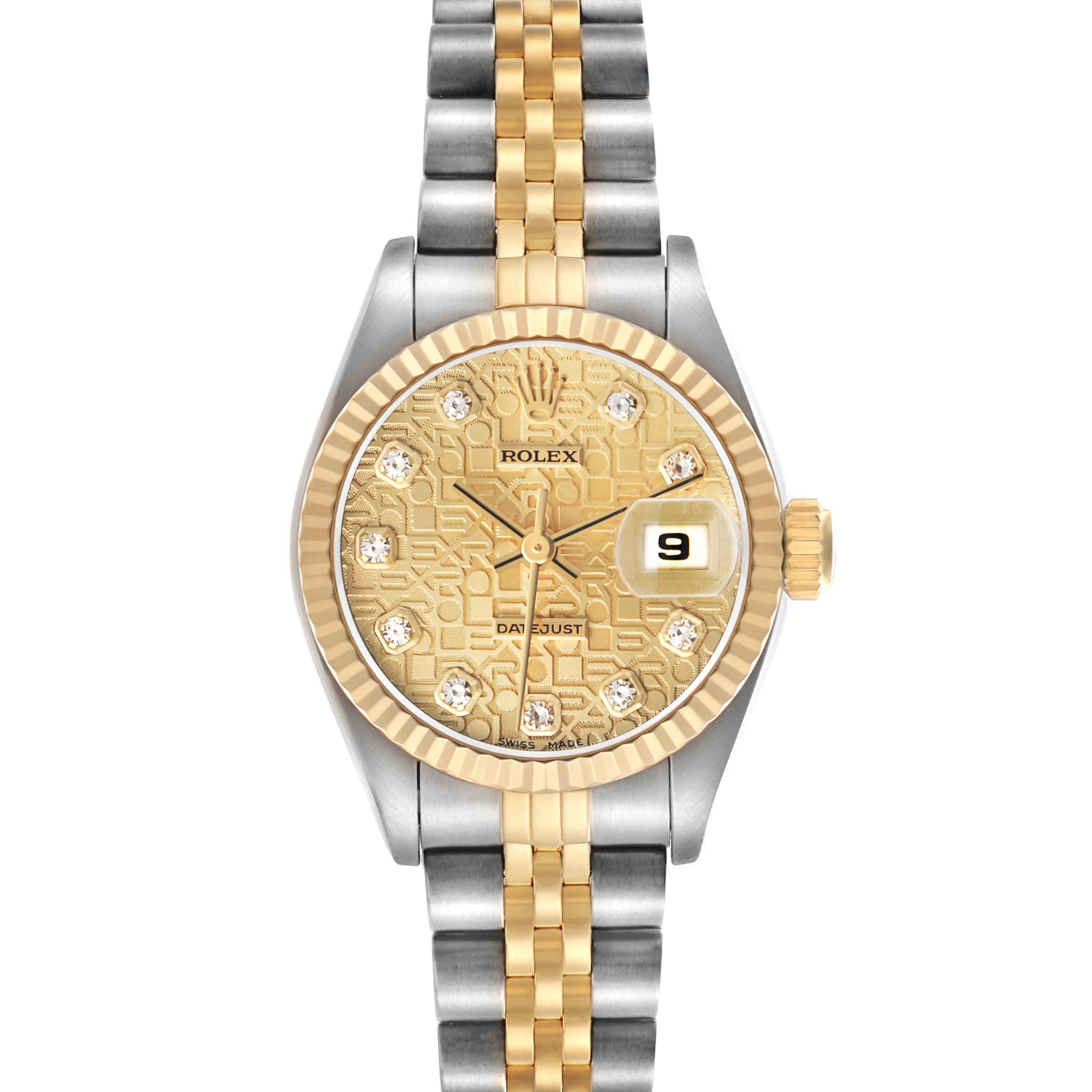 The Rolex Datejust 69173 Women
s Steel and Gold (two tone) Champagne Dial watch is shown from the front, highlighting its dial, bezel, and bracelet.
