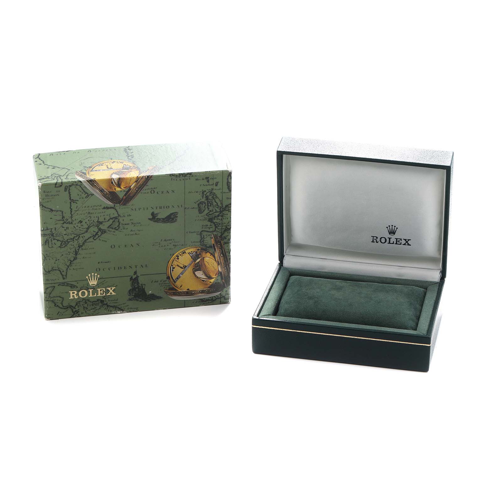 The image shows the packaging and open box for a Rolex Datejust 69173 Women
s Steel and Gold (two tone) Champagne Dial watch, featuring a green map-themed outer box and a green velvet-lined inner box.